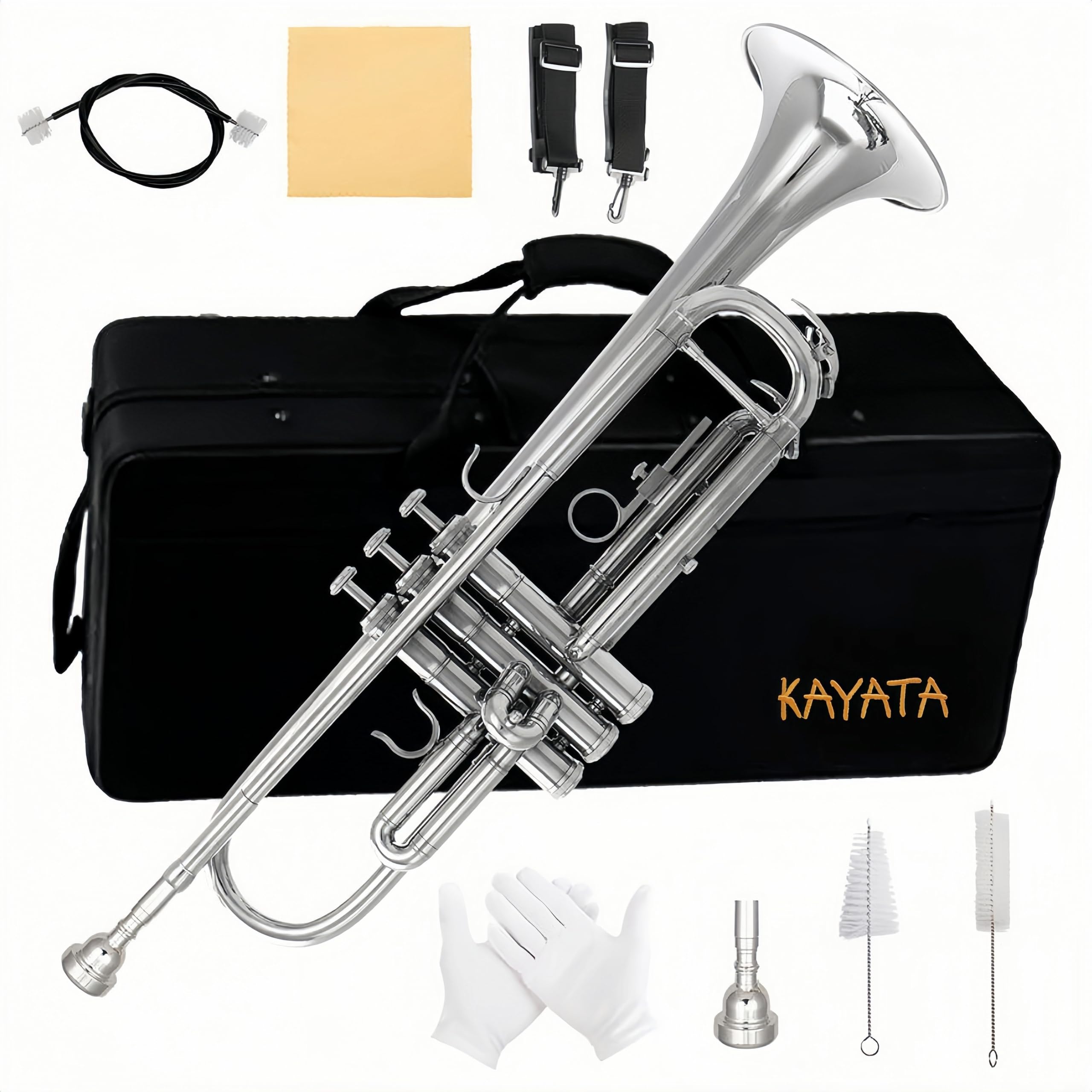 KAYATAGold Copper Trumpet with Phosphor Copper Leadpipe.Student/School Bb Trumpet .7C Mouthpiece,Cloth,Gloves,ABS Hard Shell BbTrumpet Case. (Nickel)