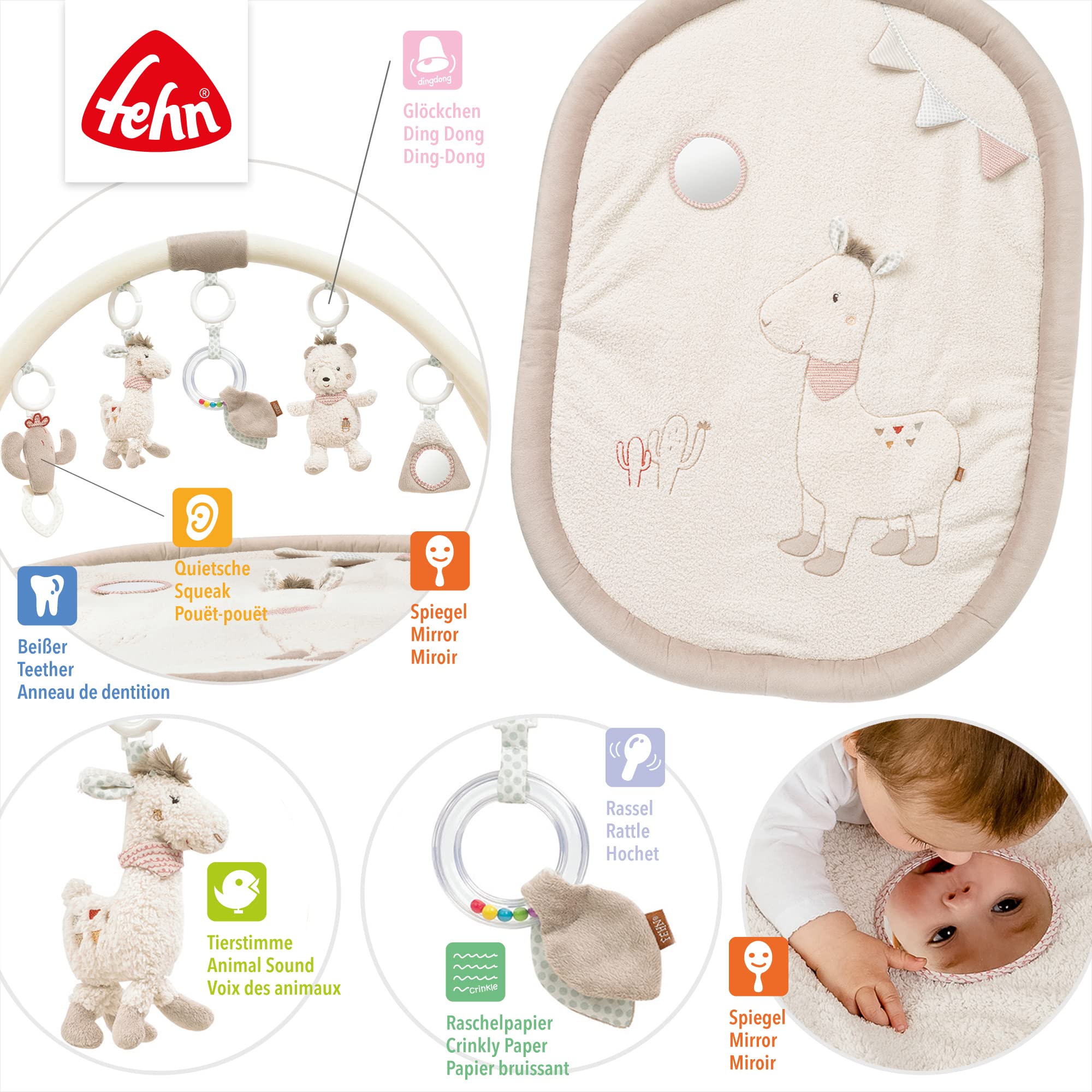 Fehn manta de actividades 3D arco de juegos Perú - Manta de juego para bebés con 5 juguetes extraíbles para agarrar - para bebés y niños a partir de 0 meses - como regalo por el nacimiento