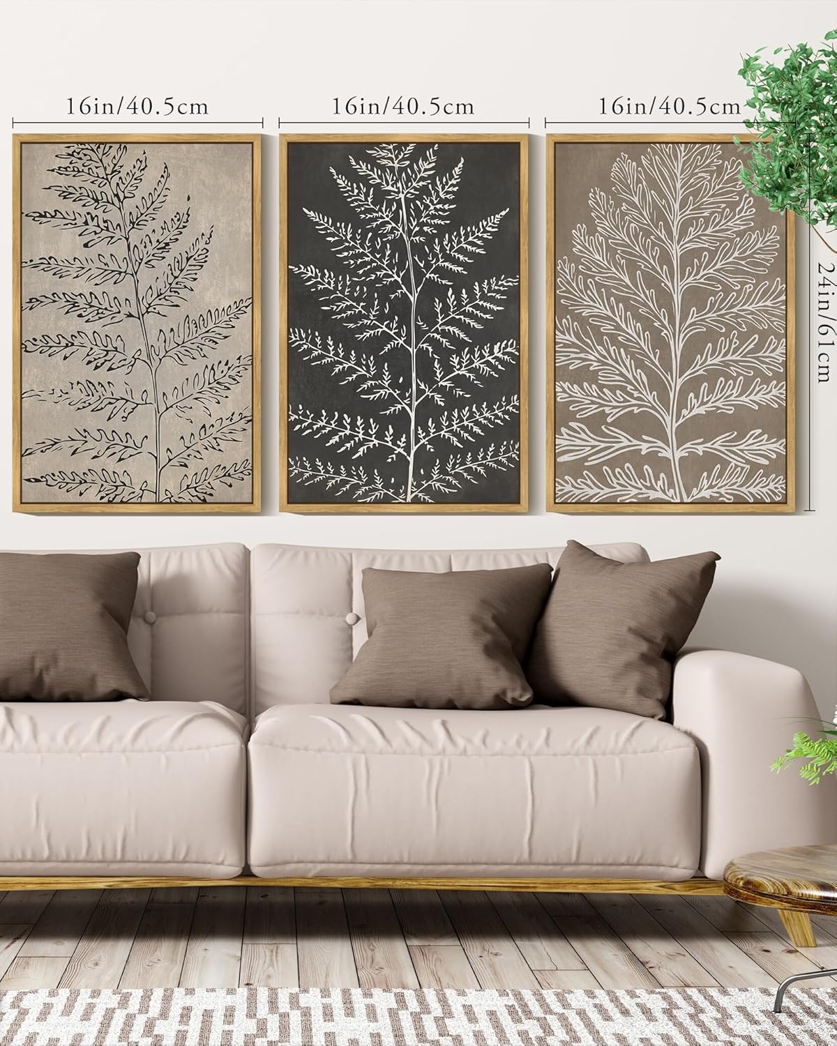 KUVIOKE Vintage Botanical Framed Wall Art Bohemian Tan Plant Leaf Wall Decor Nature Fern Plant Silhouette Wall Painting Home Decor 16x24in (Natural Framed)