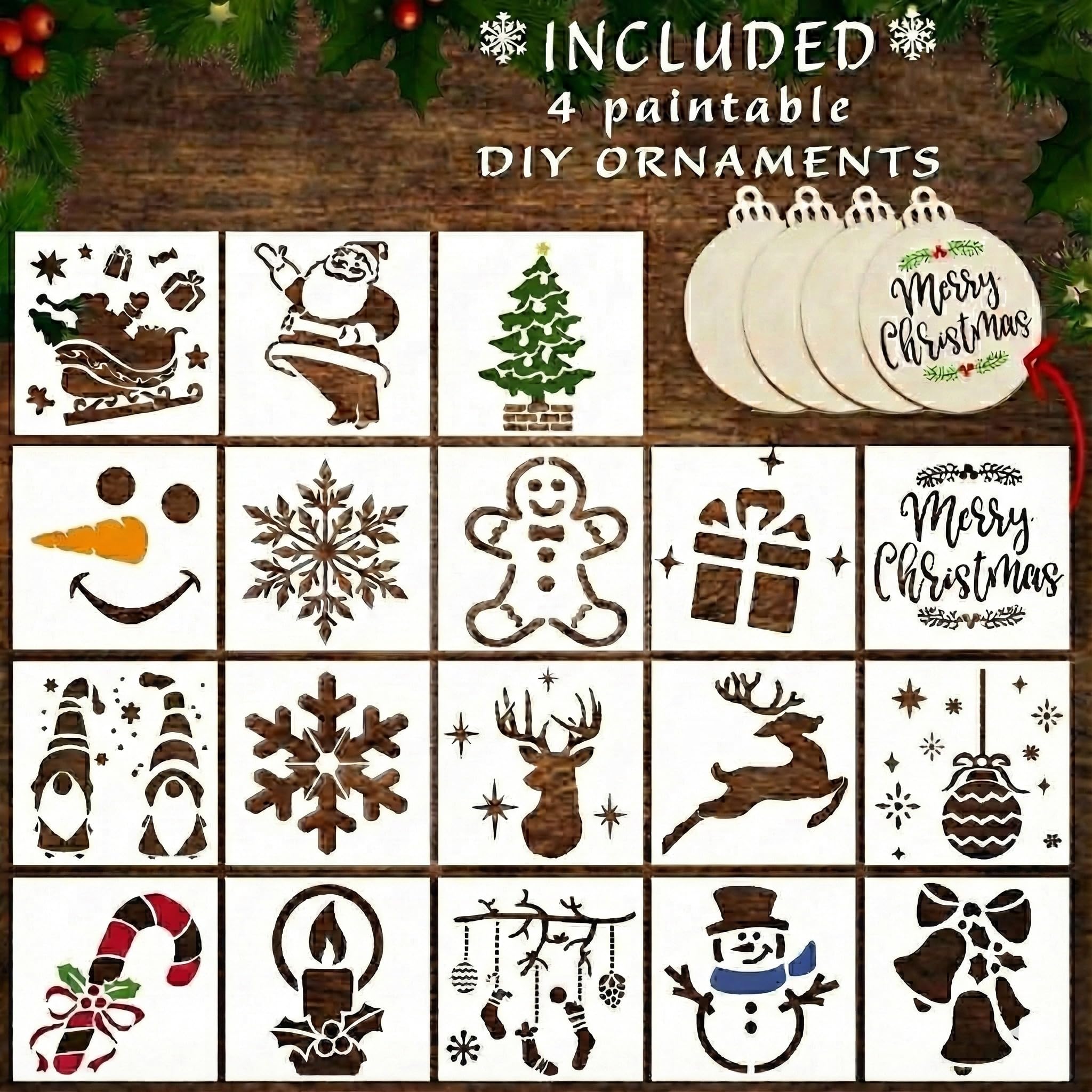 24 Pc Christmas Stencils for Painting on Wood (3 inch) - Holiday and Christmas Stencils Reusable for Crafts, Cards, Kids, Windows –DIY Ornaments,