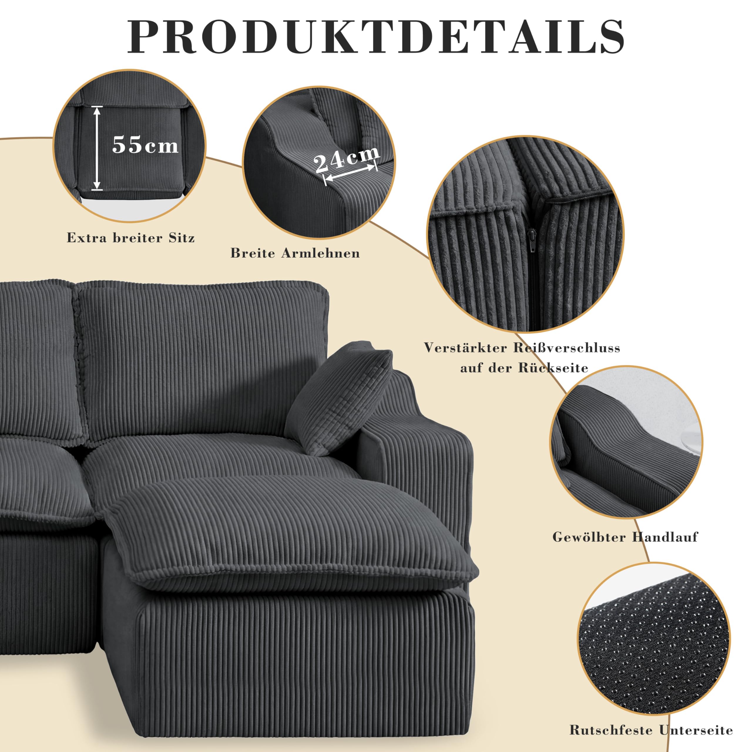 Vipbear Ecksofa, Modulares Sofa 273 cm breit, L-Form Sektionssofa 4-Sitzer mit Abnehmbarer Ottomane, Cloud-Sofa aus Cord mit Chaiselongue Links, L Sofa Couch für Wohnzimmer, Dunkelgrau