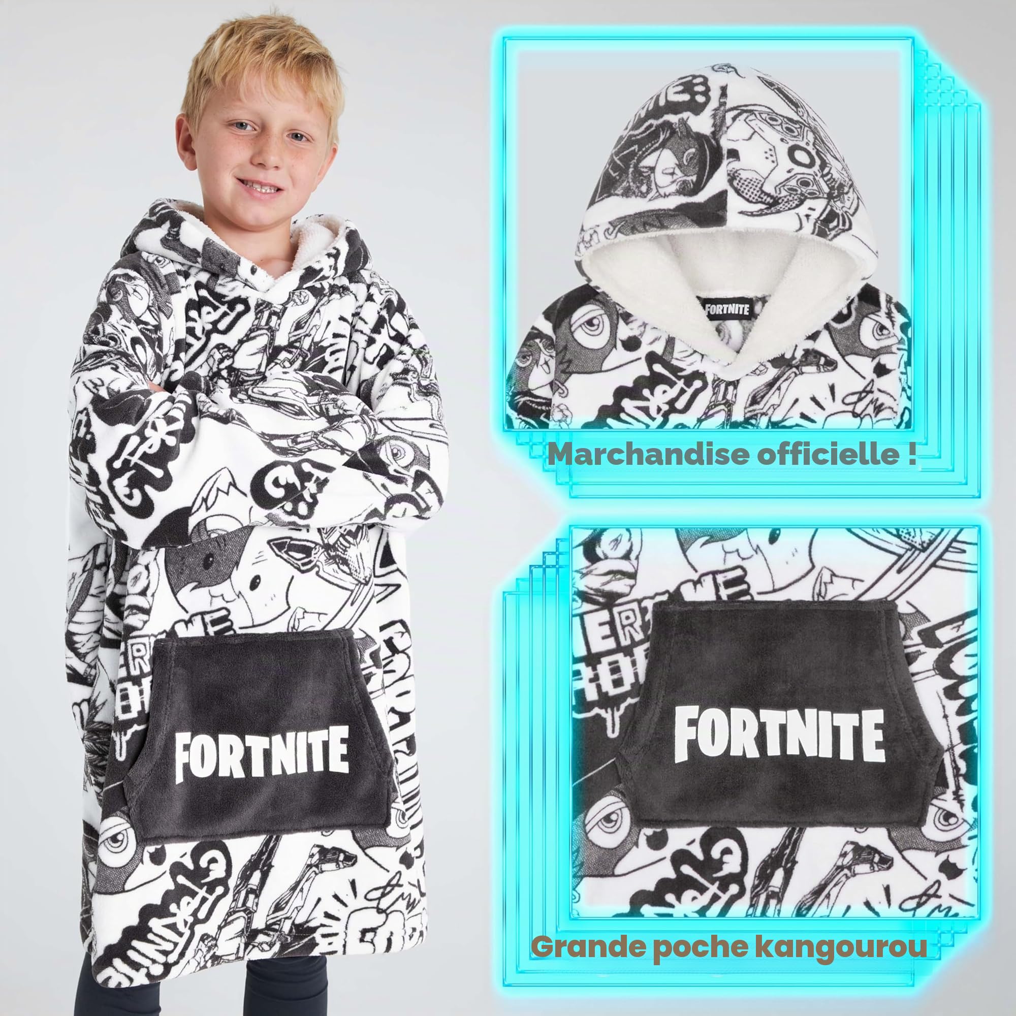 Fortnite Pull Plaid Chaud à Capuche Oversize Garçon et Ado 14+ Poncho Polaire Pull Couverture Portable Extra Longue Cadeau Gamer