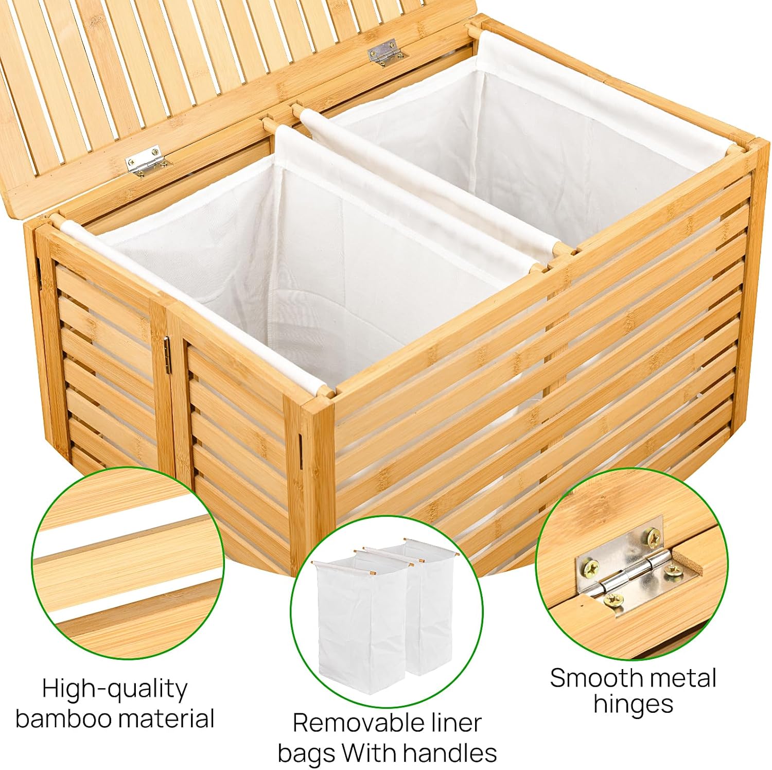 Laundry Hamper with Lid, Bamboo Laundry Basket with 2-Section Removable Liner Bag, Foldable Clothes Hamper for Laundry Room, Bathroom, Bedroom