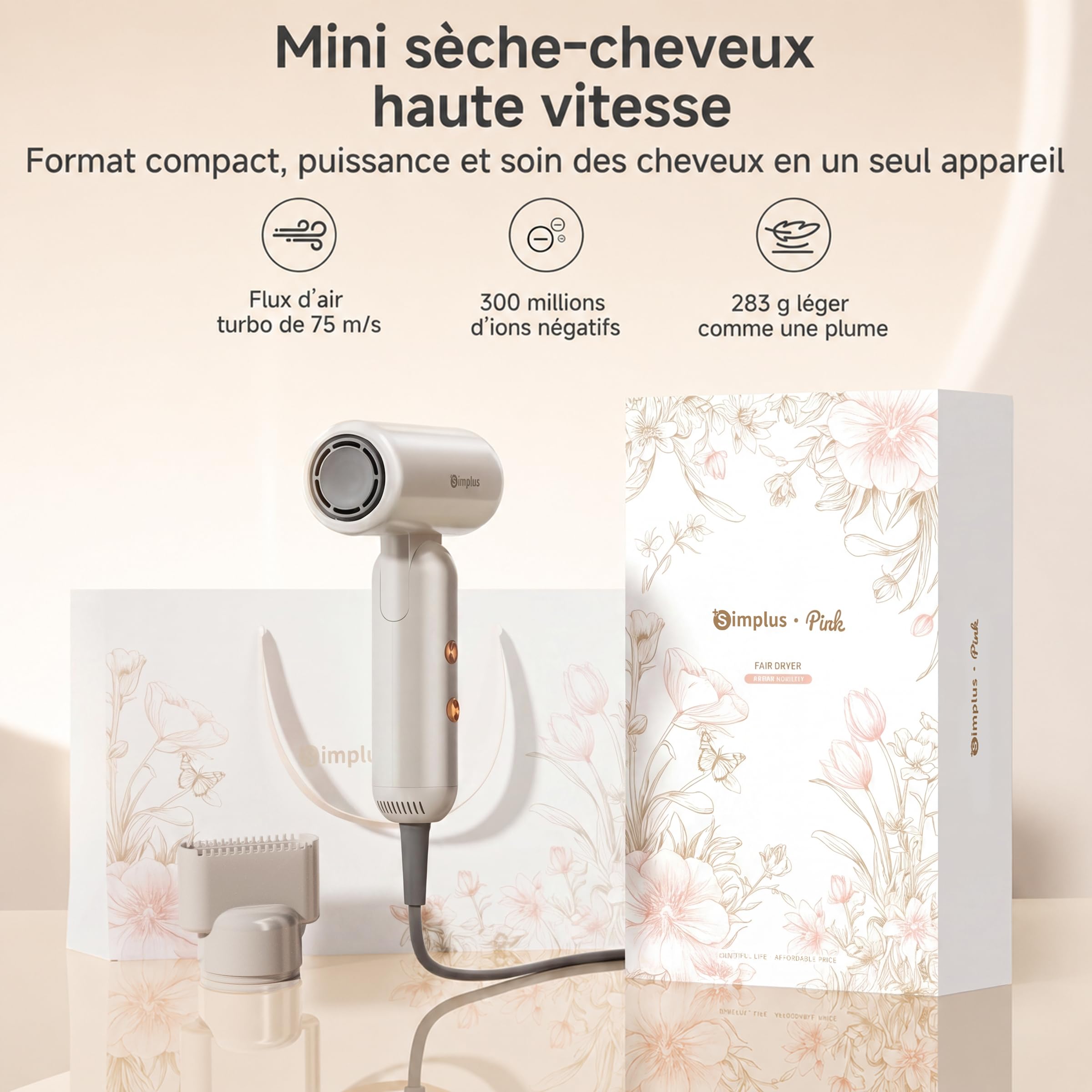 SIMPLUS Sèche-Cheveux Ionique Pliable, 1300W, Moteur BLDC 110 000 tr/min, 70 m/s, 300 Millions d'Ions Négatifs, 8 Modes, Contrôle NTC, Léger 283 g, Buse Peigne, Voyage
