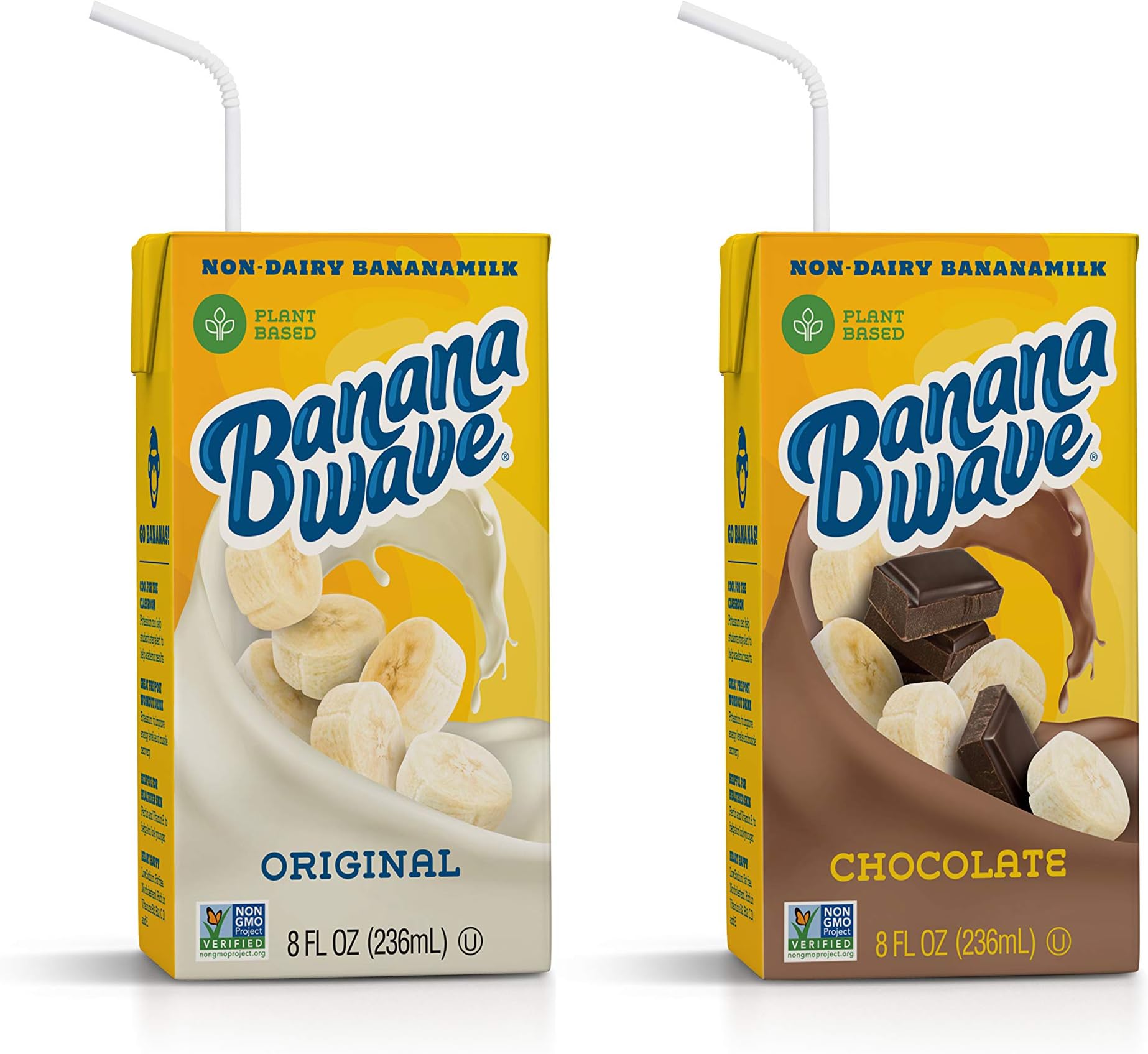 Banana Wave Banana Milk | Chocolate Milk & Original | Vegan Oat Milk, Gluten Free, Vitamins, Fiber & Potassium, Dairy Free, Low Calorie, Plant Based, Fat Free | 8 Fl Oz Lunchbox Size (12 Pack)