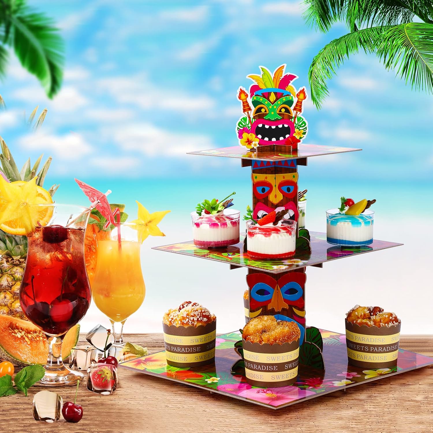 Zopeal 3 Tier Hawaiian Cupcake Stand Tiki Torch Cupcake Holder Luau Theme Cake Holder Decorations Tropical Cake Dessert Holder for Summer Pool Beach Birthday Party Supplies