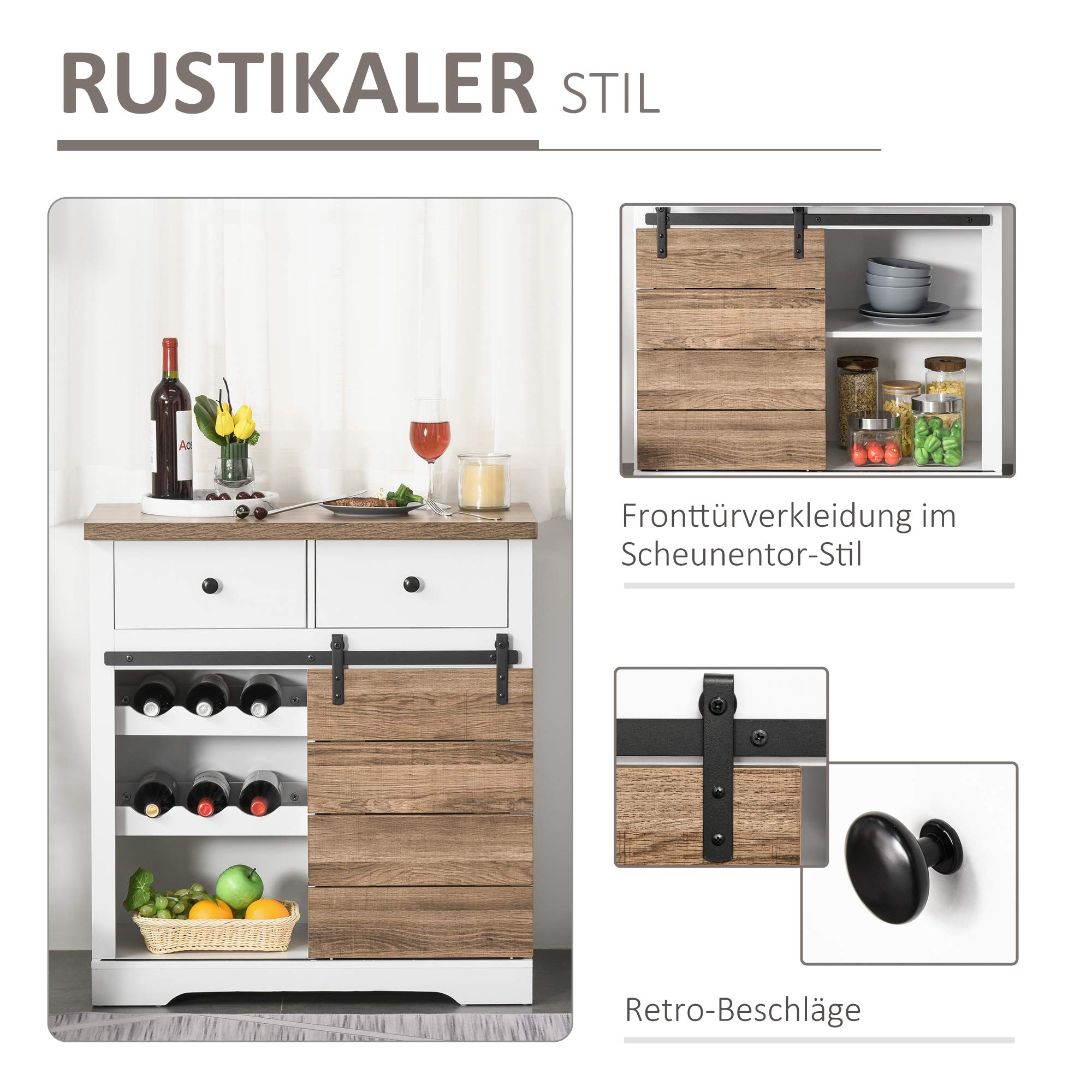 HOMCOM szafka kuchenna kredens z 2 szufladami półki na wino drzwi przesuwne komoda regulowane półki szafka na naczynia styl rustykalny kolor biały 80 x 39 x 86 cm