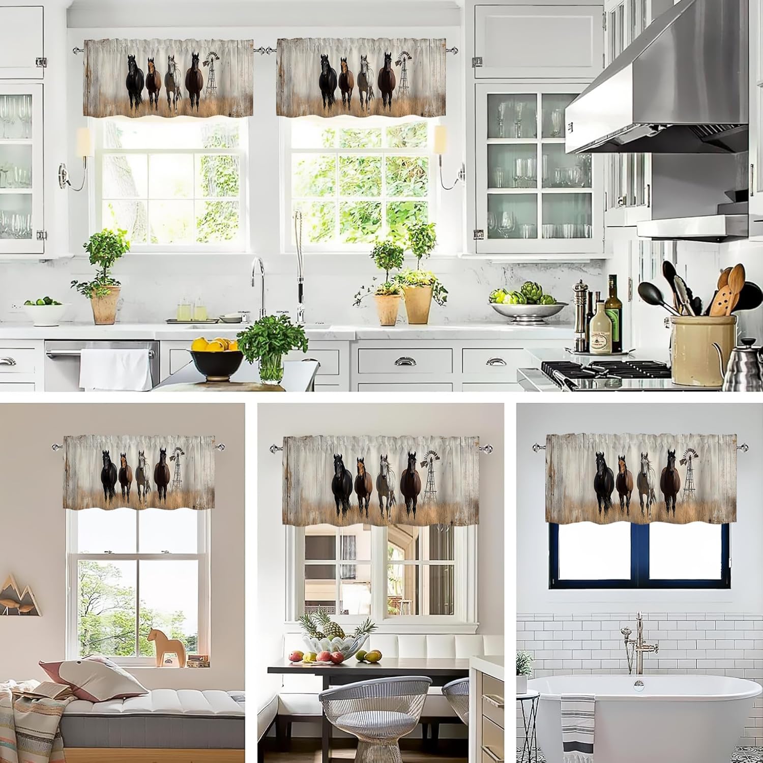 Rustic Horse Valances for Windows 2 Pack,Rod Pocket Valance Curtains,Small Window Treatment Valances for Kitchen Living Room,Bedroom,Bathroom,Home Decor,18x54 Inch,2 Panel