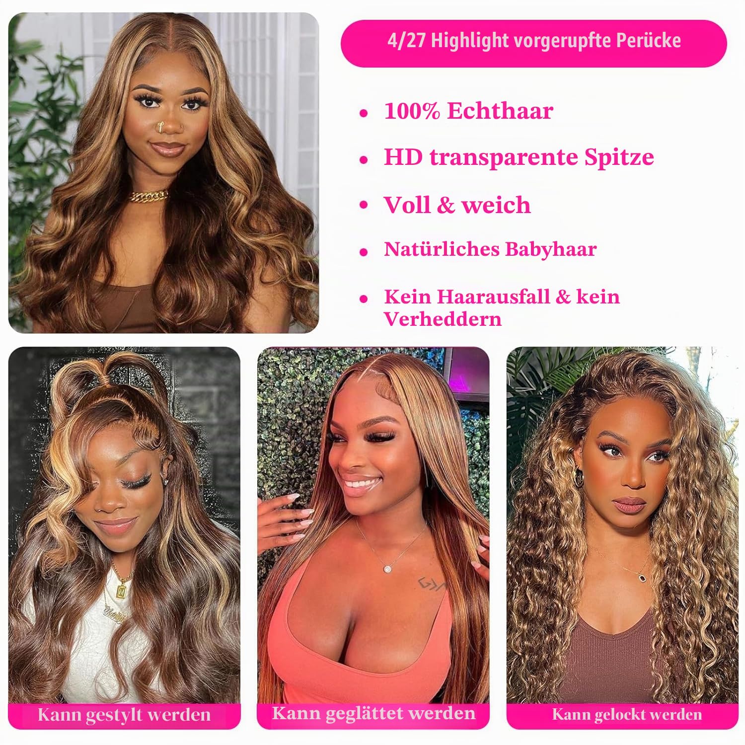 18 Inch(46cm) Ombre Highlight Perücke Damen Natürliche brasilianische Body Wave Echthaarperücke, 13x4 HD Lace Front Perücke Echthaar, P4/27 Ombre Glueless Echthaarperücke