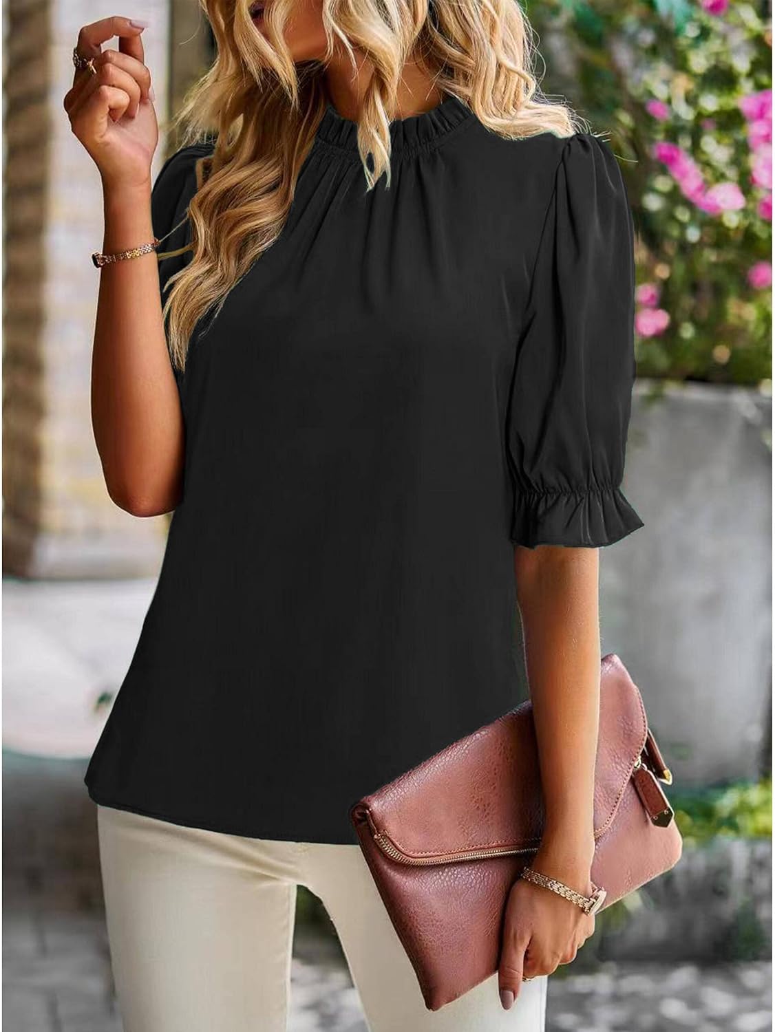 ZILIN Women's Summer Boho Floral Shirt Top Ruffle Mock Neck Puff Short Sleeve 2026 Casual Blouses - Image 2