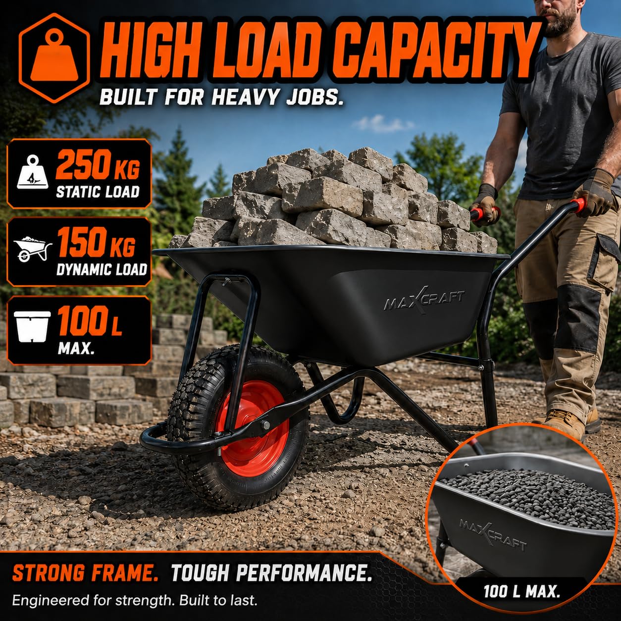 Brouette de Chantier 250 kg 100 L Chariot Transport Jardin Pneus avec Chambre à Air Poignée en Caoutchouc Dur - Noir/Rouge - Black Edition