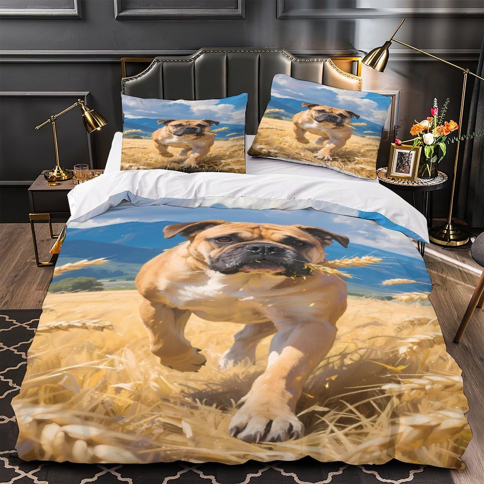 Housse de Couette Bouledogue 135x200 3D en Microfibre avec Taie d'Oreiller