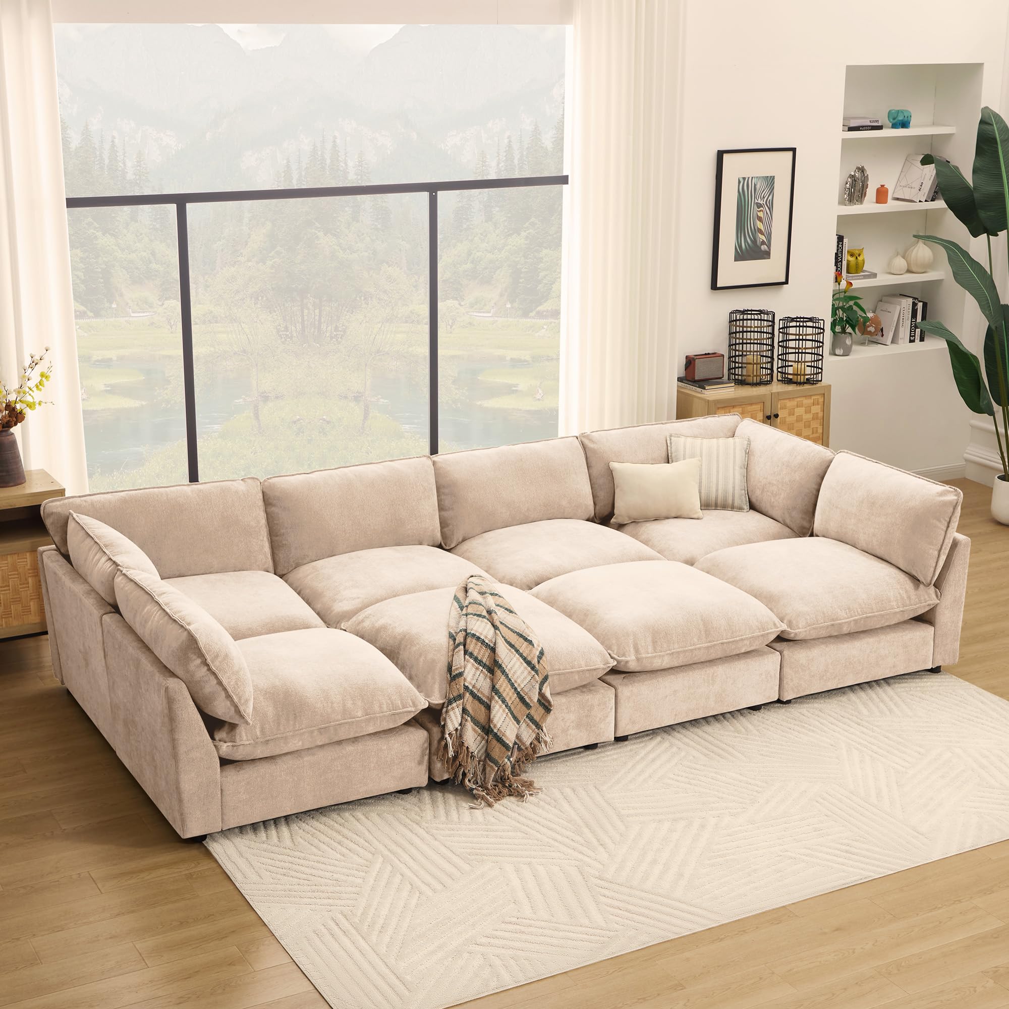 Tbfit Oversized Modular Sectional Sofa, Chenille Cloud Couch Deep Seat, 8-Seater Modular Sofa Couch for Living Room, Beige | Premium Corduroy, Without