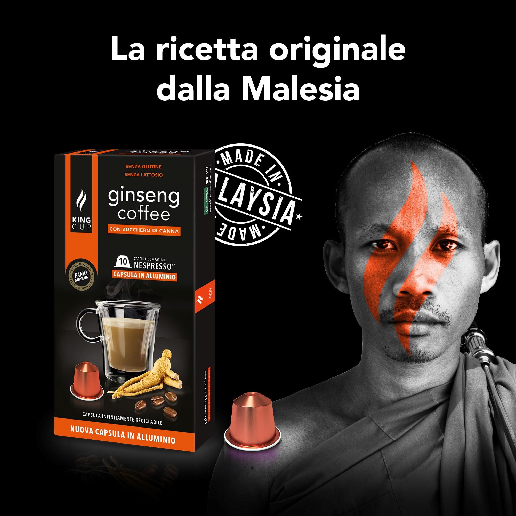King Cup - 10 Paquetes de 10 Cápsulas de Ginseng con Azúcar de Caña, 100 Cápsulas 100% Compatible con el Sistema Nespresso de Bebida con Sabor de Ginseng, Sin Gluten y Sin Lactosa