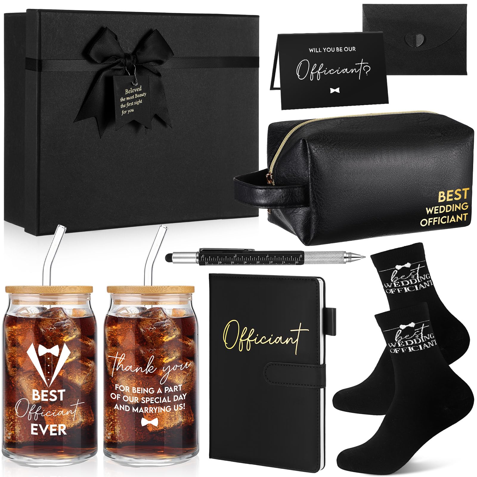 Baderke 8 Pcs Best Officiant Gifts Wedding Proposal Set 16 oz Glass Cup with Lids Straw, Leather Toiletry Bag, Officiant Book, Functional Pen, Socks, Greeting Card Envelope with Gift Box for Sermon