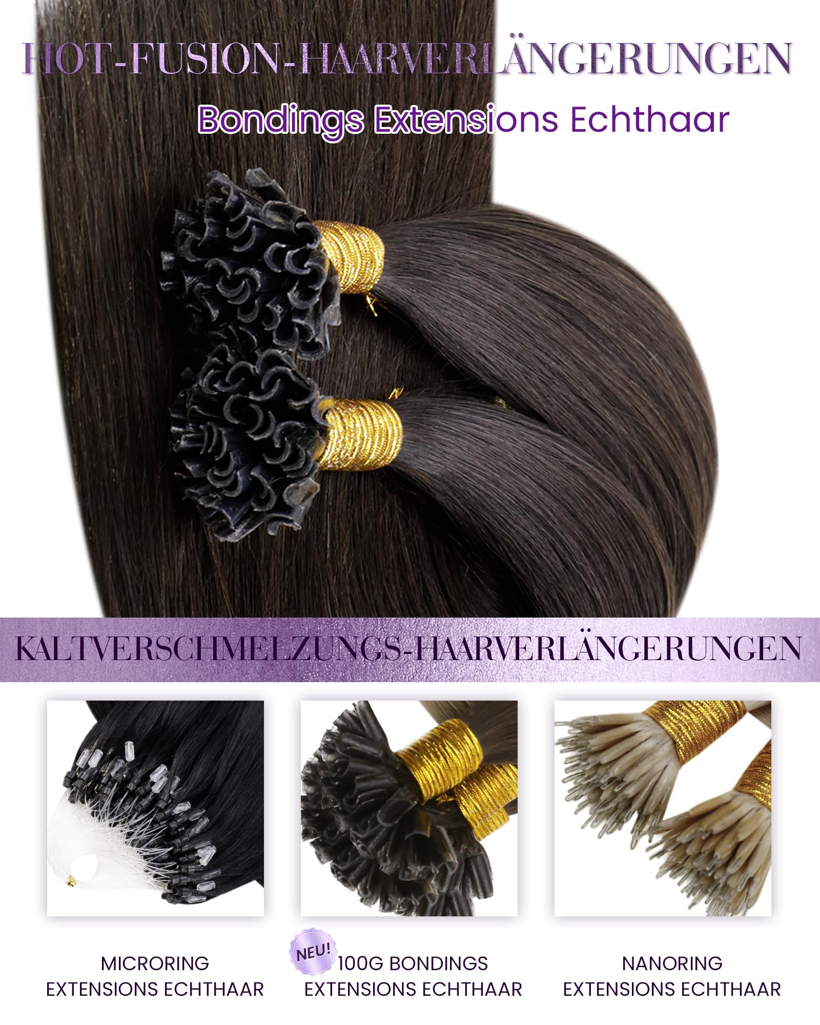 LaaVoo Bondings Extensions Echthaar Dunkelbraun Echthaar Extensions Mit Keratin Bondings Braun 1g/s U Tips Extensions Echthaar Bondings Dunkelstes Braun 100G 60cm #2