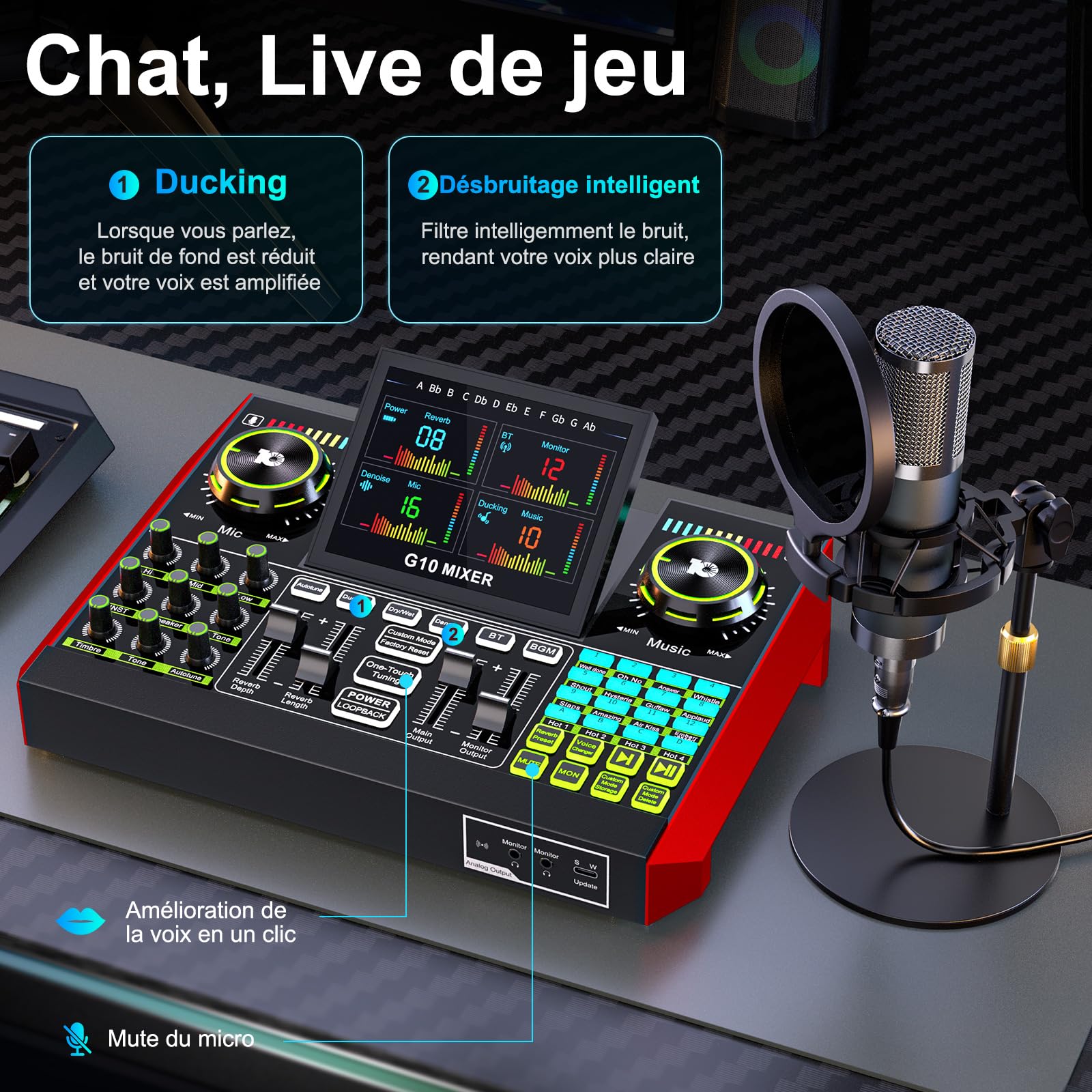 G10 Kit Podcast avec Micro Condenseur P15 et Table de Mixage Live Sound Board - Changeur de Voix, Réduction de Bruit, Mode Follow Singing Karaoké pour Streaming, Gaming, Chant, Podcast Débutant