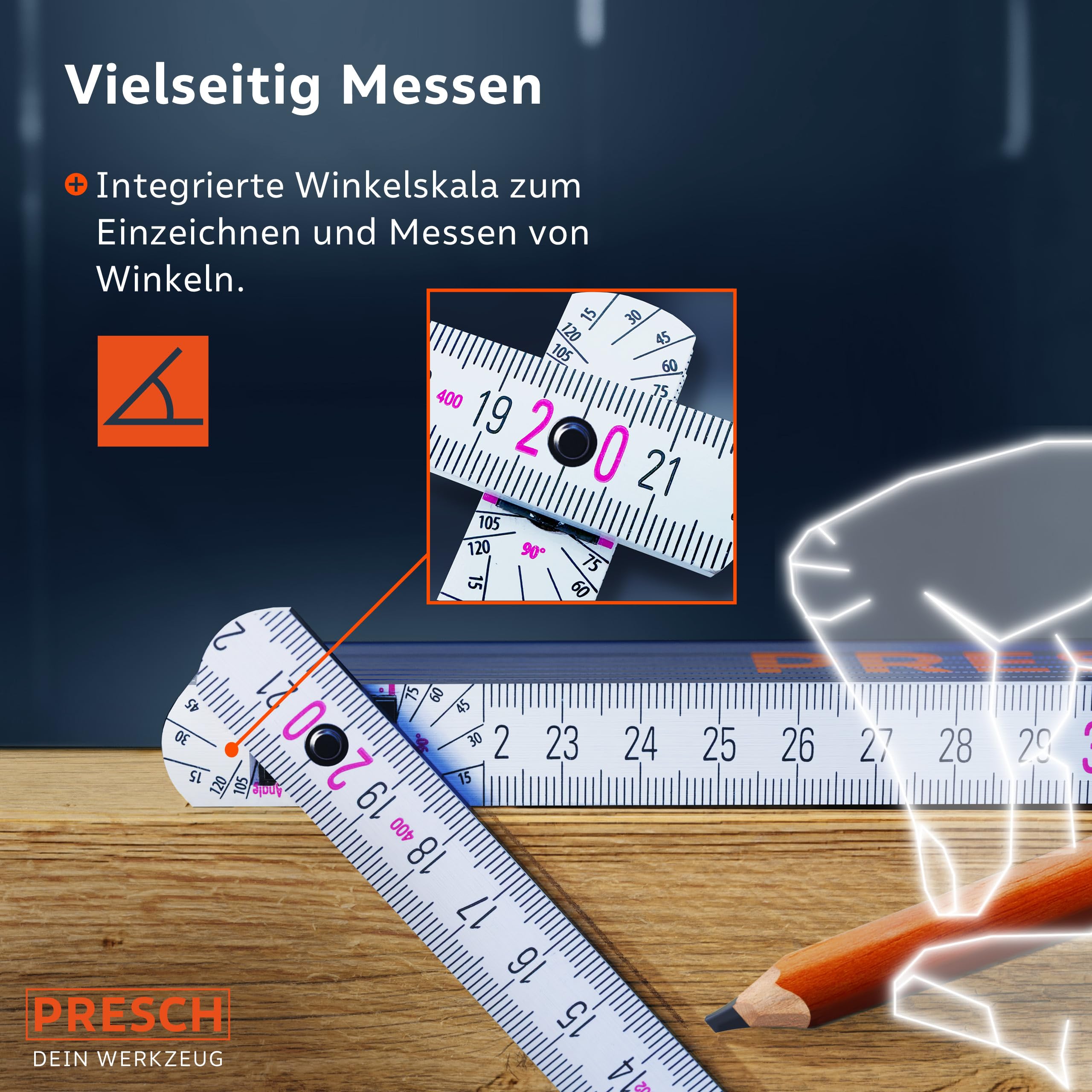 Presch Zollstock Set 2 Meter mit Winkelfunktion 6 Stk. Holz Blau Orange Gliedermaßstab