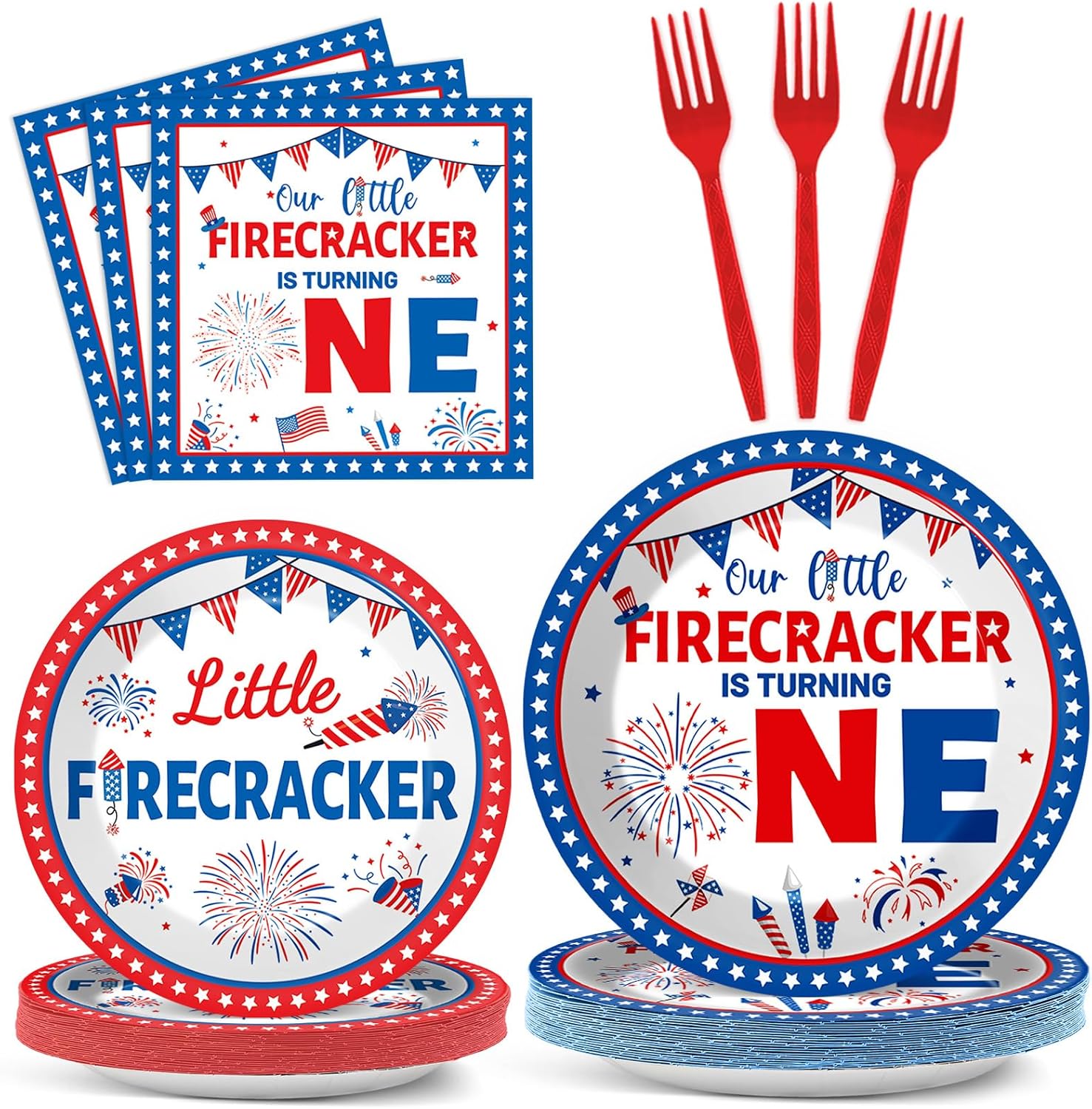 gisgfim 96Pcs Little Firecracker First Birthday Plates and Napkins Party Supplies 4th of July Party Tableware Set Independence Day Patriotic Paper Dinner Birthday Decorations Favors for 24 Guests