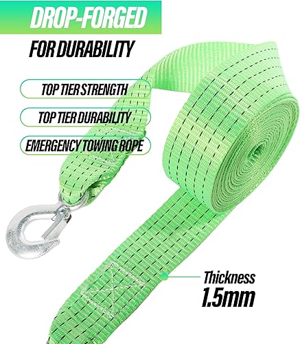 Miniatura 2 de Correa de remolque con ganchos, cuerda de remolque resistente de 2 x 20 pies para vehículos, correa de remolque de automóvil, correas de remolque