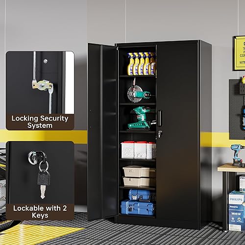 Miniatura 4 de AFAIF Gabinetes de garaje de metal, armarios de almacenamiento de 72 pulgadas de alto con 2 puertas y 5 estantes ajustables, gabinete de