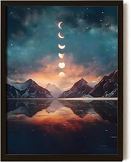 Moon Posters for Room Aesthetic - 12x16 Moon Wall Art Prints, Moon Phase Wall Decor, Mountain Landscape Under Moon Phases Paintings, Moon Night Sky Pictures for Home Bedroom Decorations