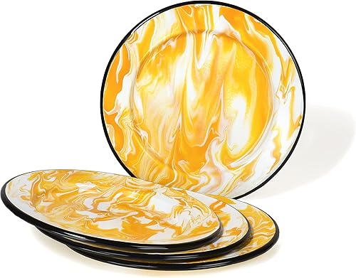 Red Co. Juego de 4 platos de ensalada redondos de metal esmaltado clásico de 8 pulgadas, borde amarillonegro, diseño de remolino