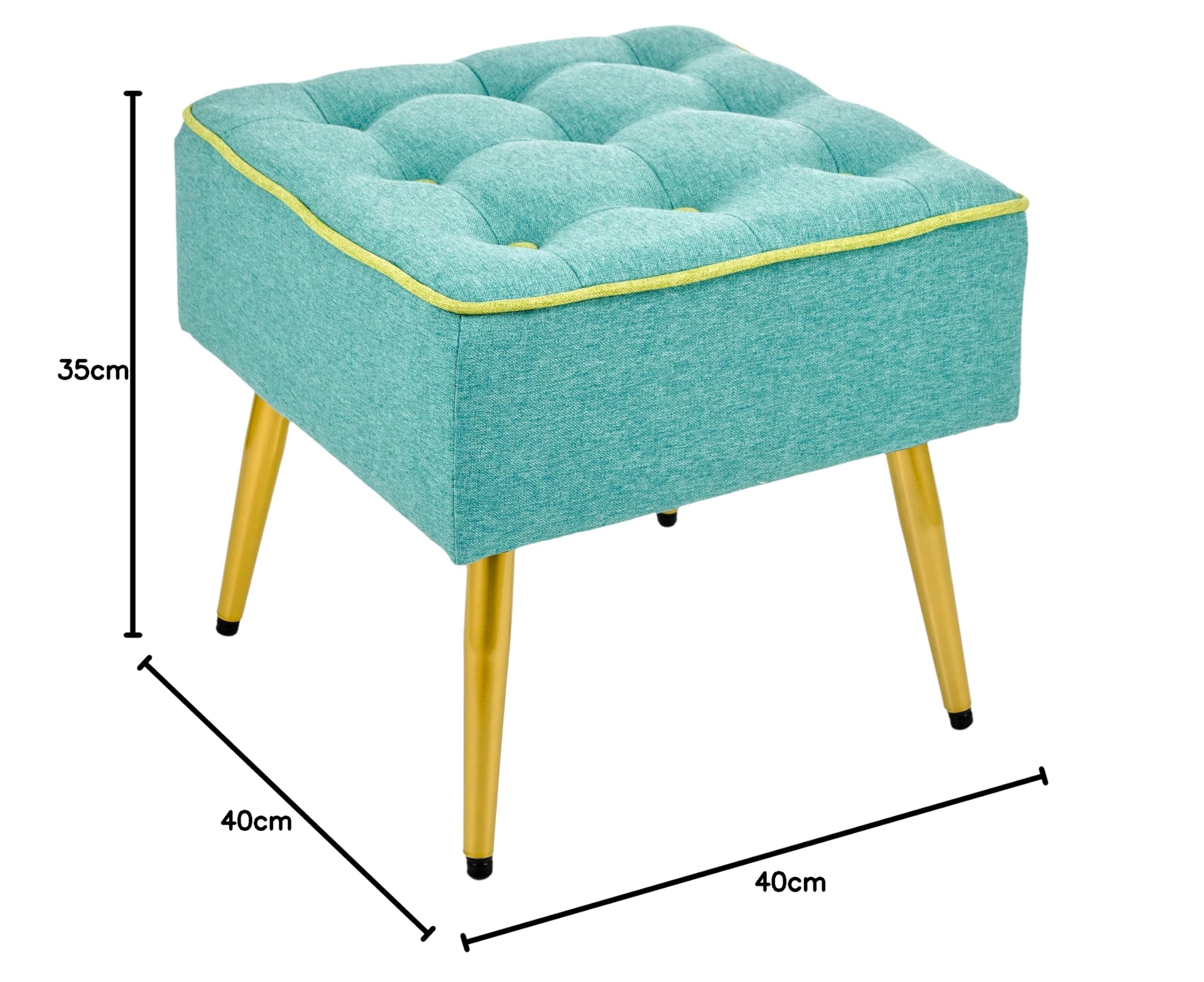 Baroni Home Sgabello Imbottito in Tessuto, Sgabello Quadrato con Gambe in Legno Naturale, Poggiapiedi, Sedia, 40X40X35 cm, (Turchese Bordo Verde)
