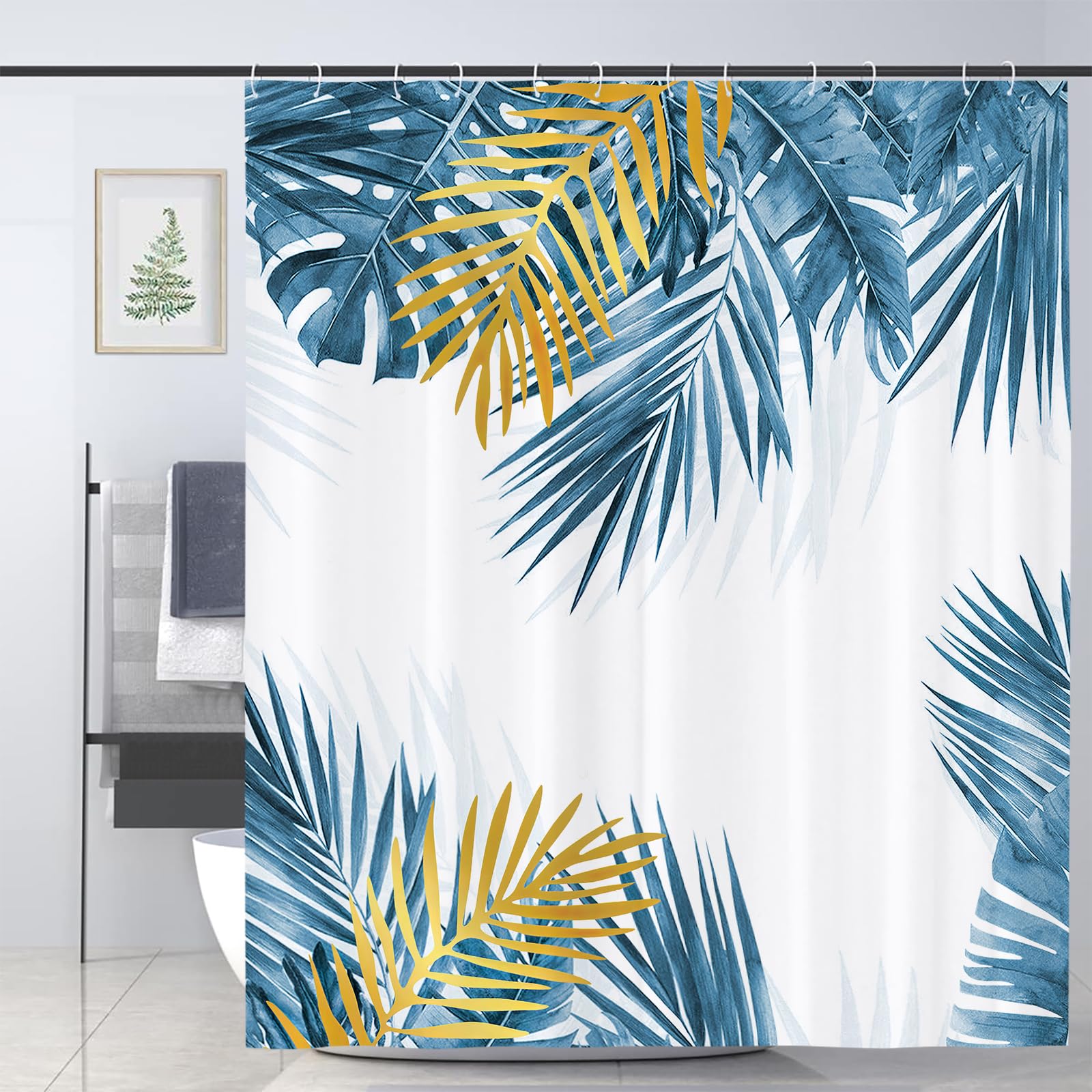 JOOCAR Blue Leaf Shower Curtain for Bathroom Blue Gold Tropical Plam Leaf Plant Curtain Polyester Fabric Waterproof Shower Curtain Set including 12 Hooks - Image 2