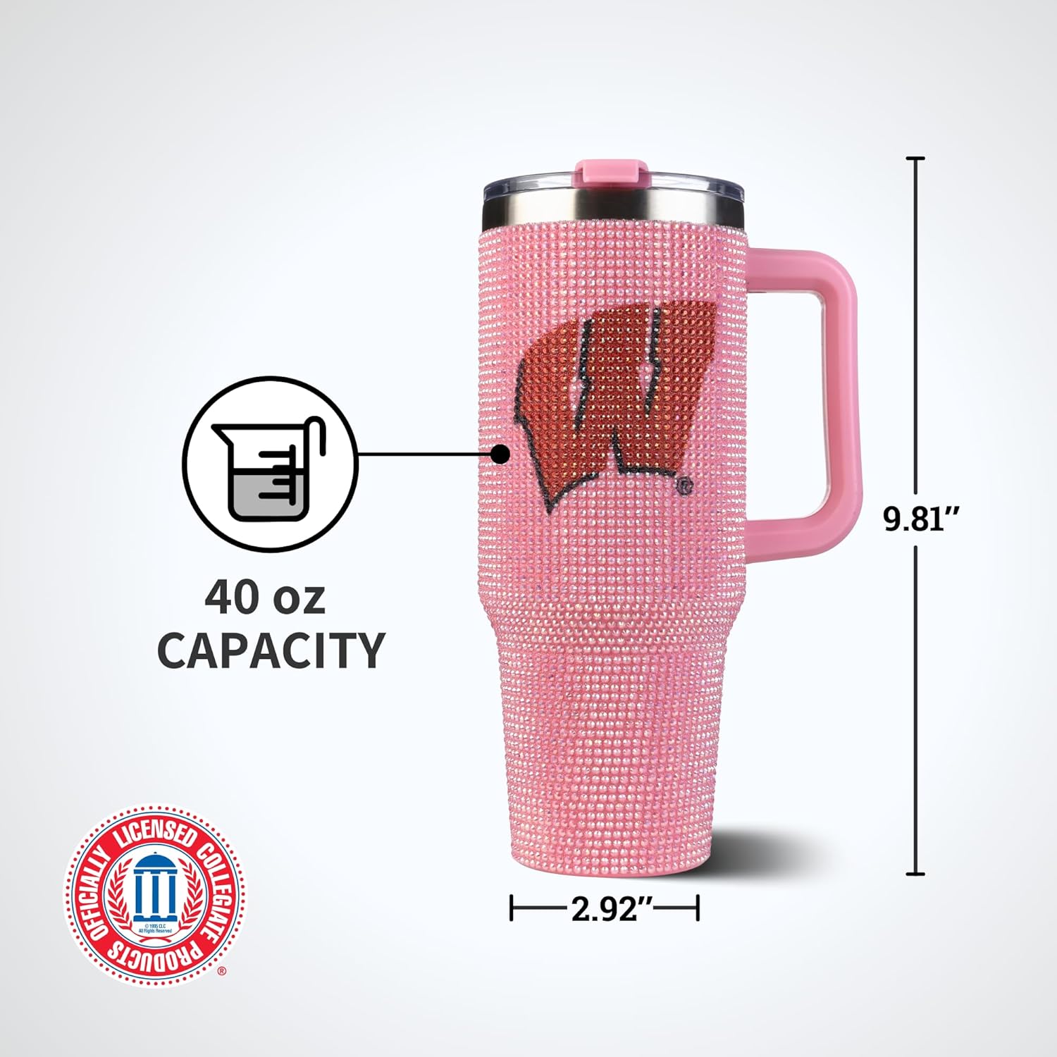 The Memory Company Officially Licensed 40oz Pink Bling Game Day Tumbler, University of Wisconsin