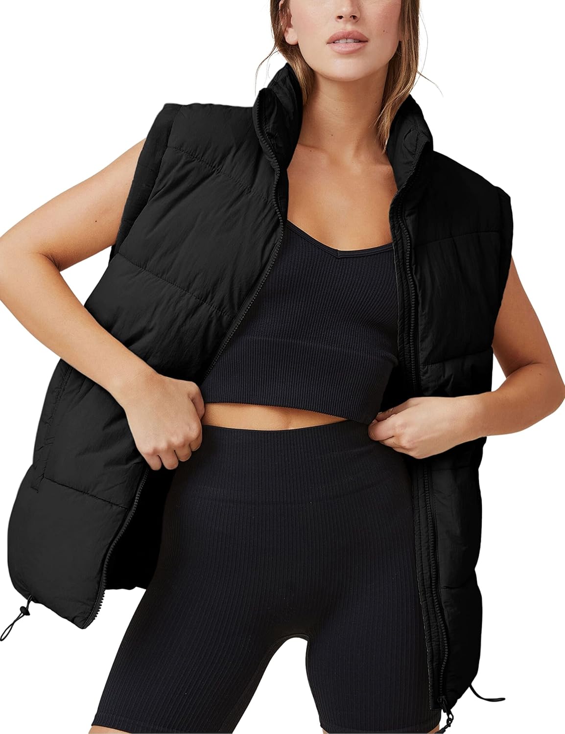 Watashi Women’s Quilted Puffer Vest Stand Collar Fall Drawstring Zip Up Sleeveless Gilet Jacket