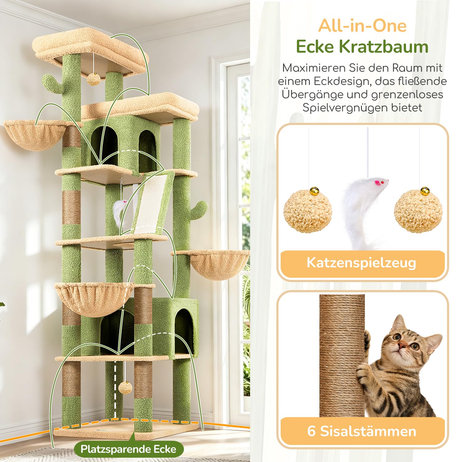 Globlazer Kratzbaum Kaktus Grün Große XXL 204 cm mit 2 Extragroße Gepolsterte Plattform 50*30CM, 2 Große Katzenhäuse, 3 Korb, Sisal Kratzbrett, Stabil Katzenbaum für 3-5 Groß Katzen Innen (S80G, Grün)