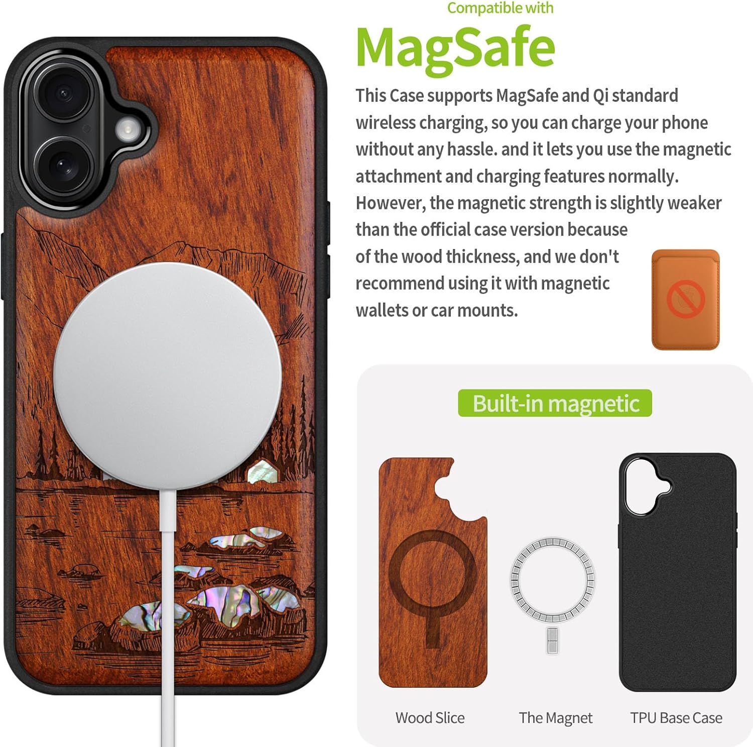 Carveit Magnetic Case for iPhone 16 Plus Case, Wood Artisan Engraved & Handmade Shell Inlaid, TPU Shockproof Cover, Compatible with MagSafe Wireless Chargers (Lakes and Mountains) Rosy