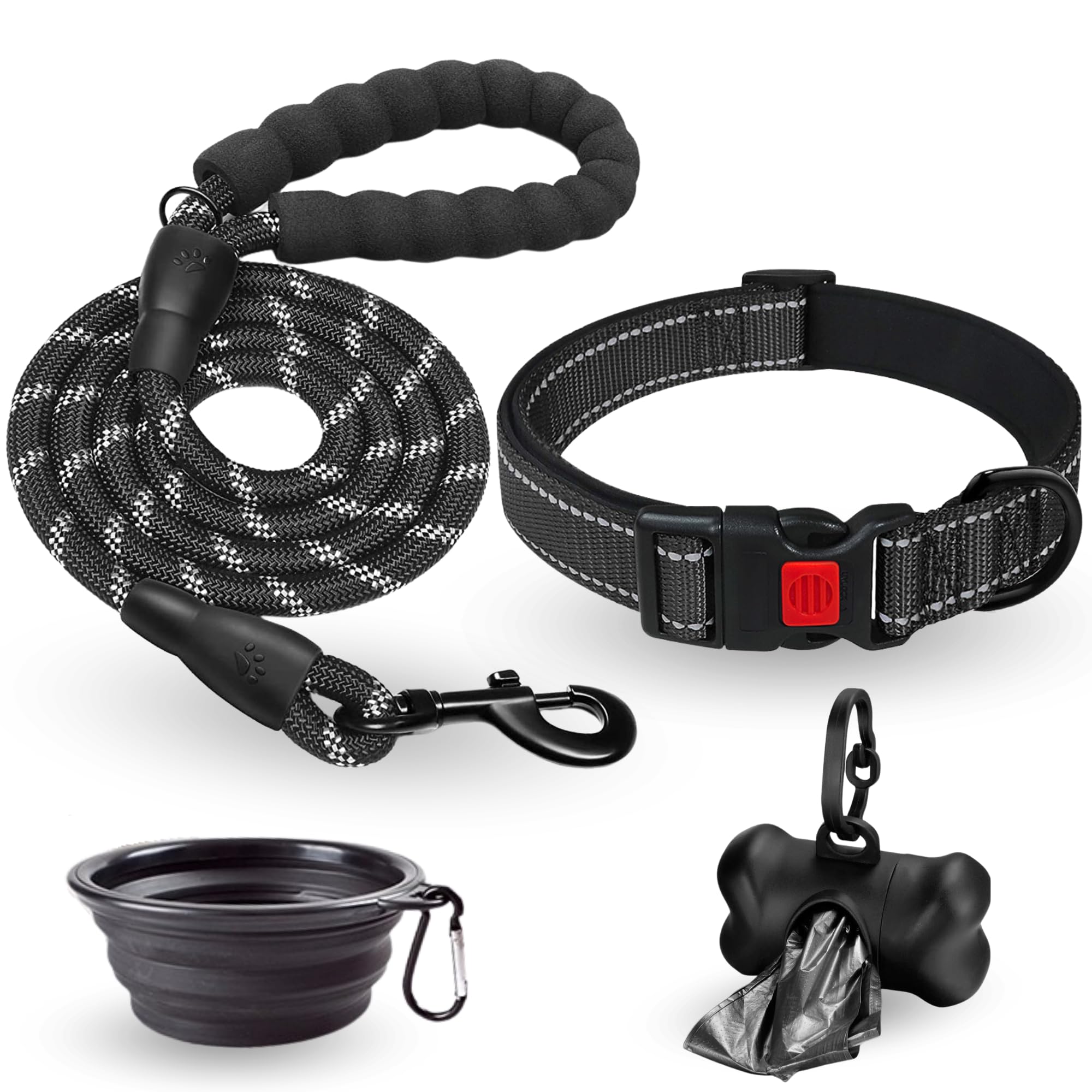 Collar de Perro Ajustable y Acolchado con Neopreno - Correa Perro 1,5m Reflectante - Cuenco Plegable y Dispensador con 15 Bolsitas - para Perros Pequeños Medianos y Grandes