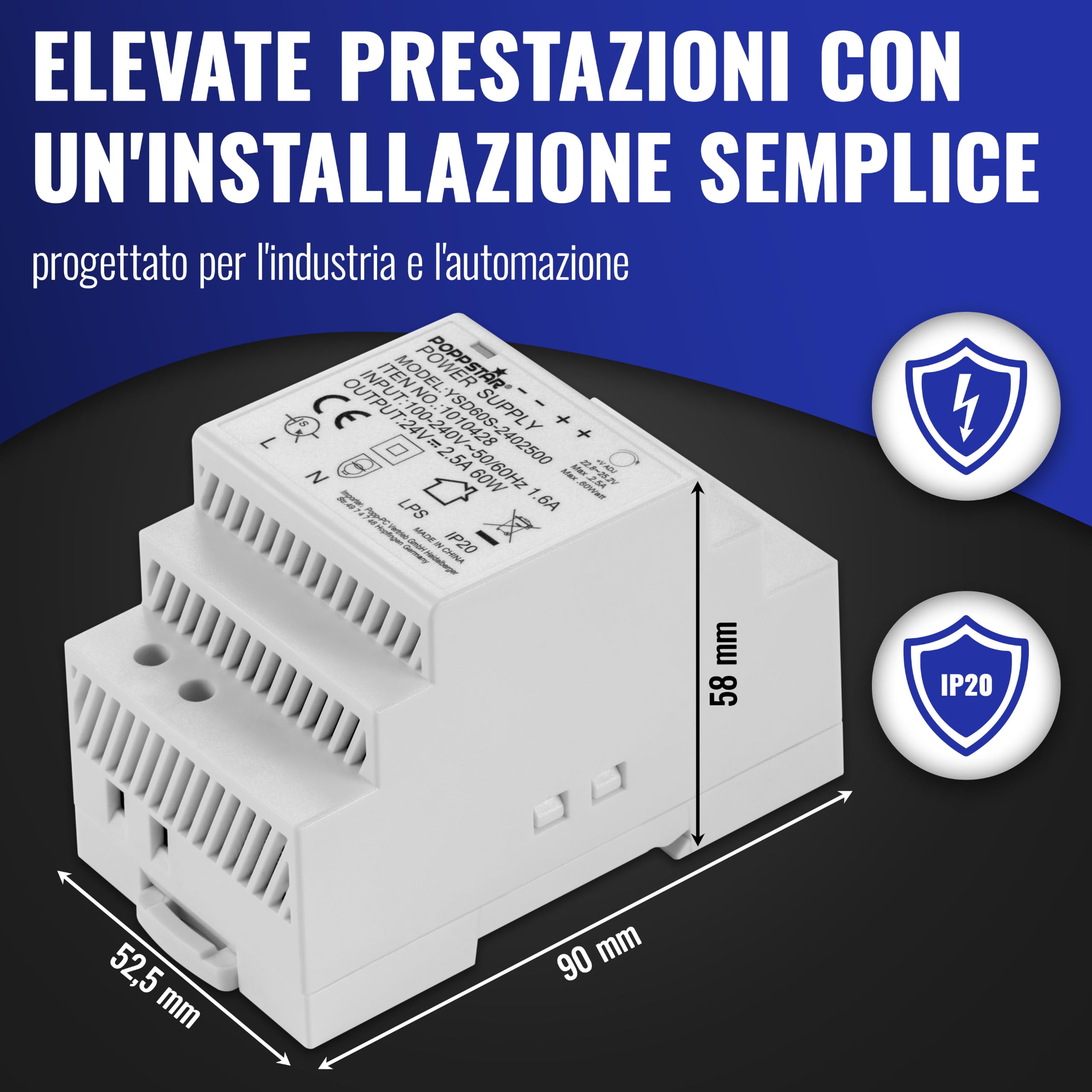 Poppstar Alimentatore per guida top-hat P-60-12- 24V DC 2, 5 A 60 W (Ingresso 100-240 V AC 50/60 Hz) Alimentatore per guida DIN Trasformatore 24 V per guide top hat 52,5 * 90 * 58mm