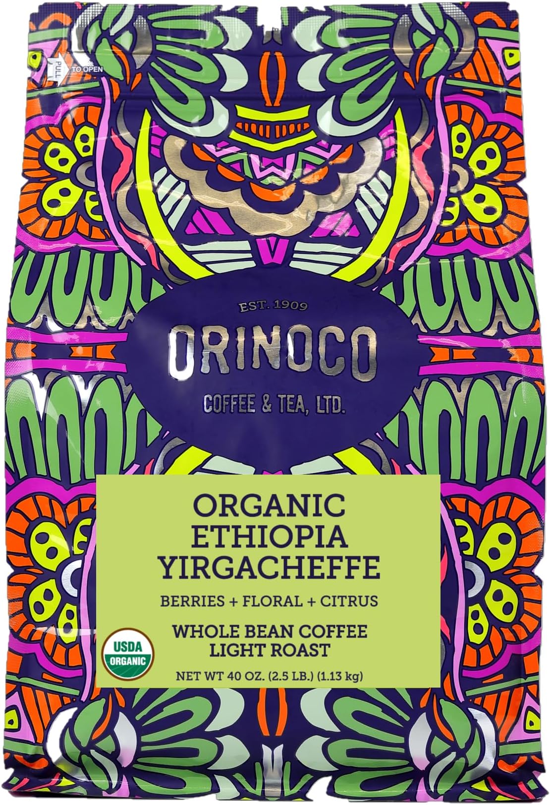 Orinoco Organic Ethiopian Yirgacheffe 2.5lb bag, Light Roast, Whole Bean Coffee, 100% Arabica beansโฆ