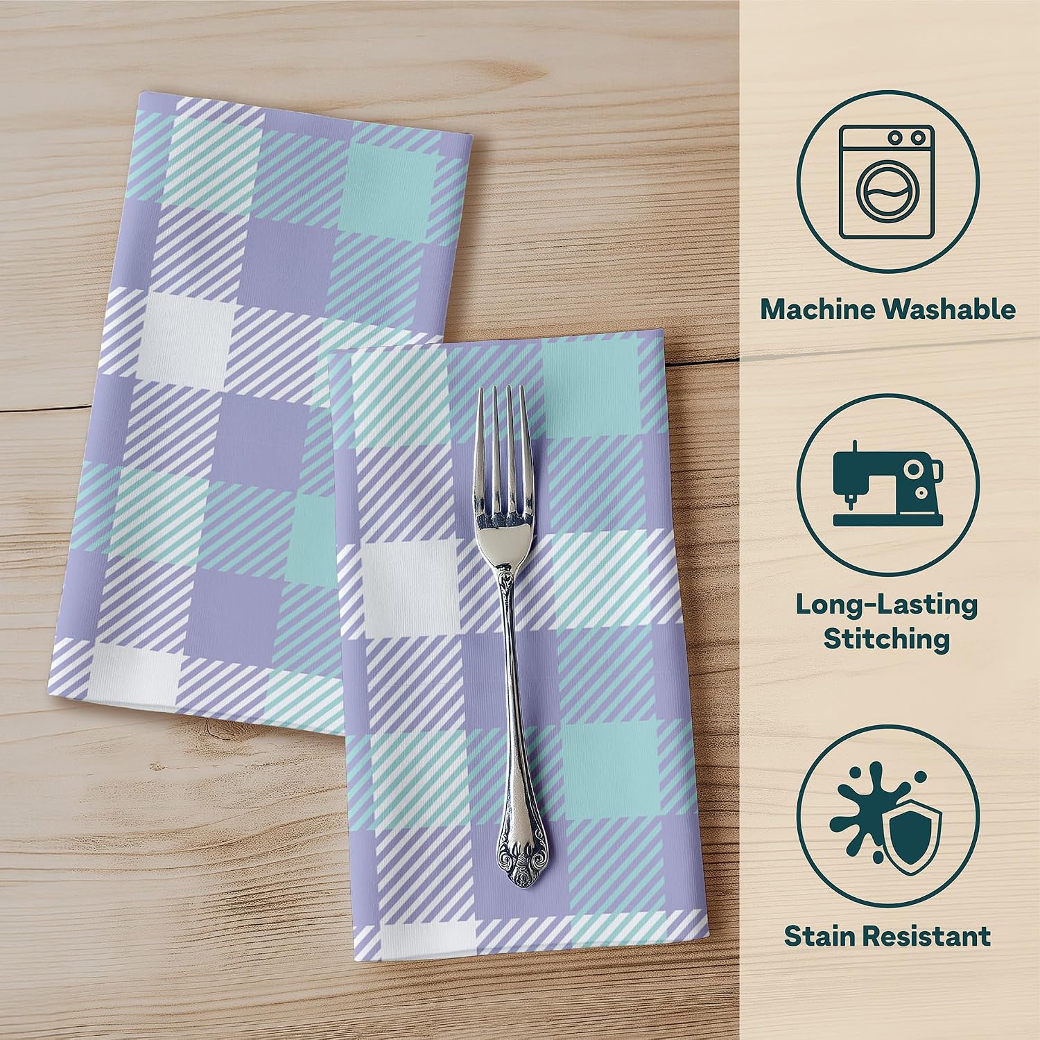 Plaid Cloth Napkins | Set of 12 | 18" x 18" Table Napkins | Checkered Purple Teal White | Easter, Summer Picnic | Absorbent, Washable, Reusable, Stain & Wrinkle Resistant | Made in America