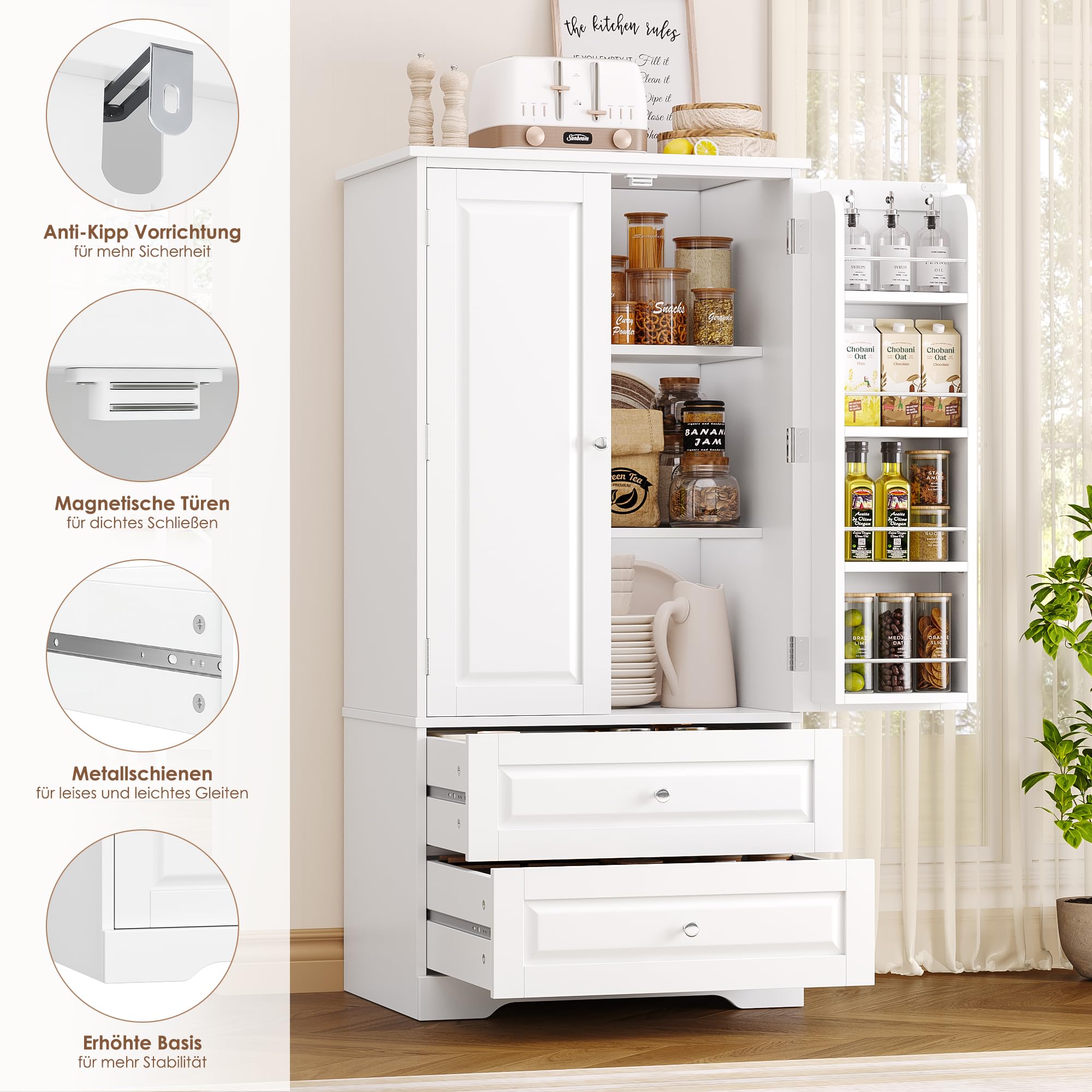 FOREHILL Küchenschrank Vorratsschrank mit 2 Schubladen und 8 Türregalen | Buffetschrank Mehrzweckschrank mit 2 Türen, für Küche, Esszimmer, Badezimmer und Wohnzimmer, 60 x 40 x 120 cm, Weiß