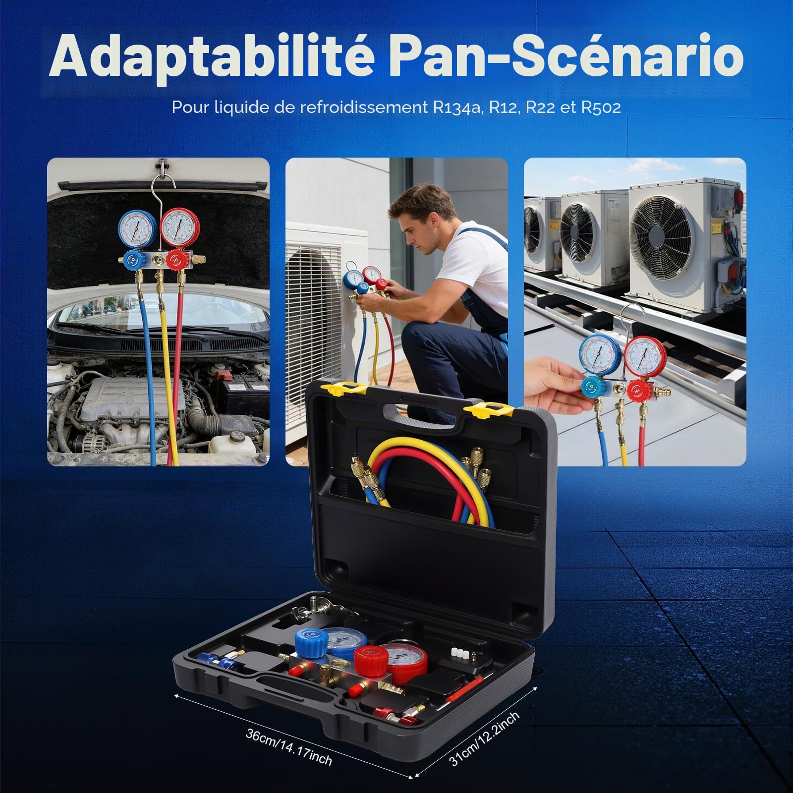 Kit de montage pour climatisation,Kit De Recharge De Réfrigérant Pour Voiture,avec Manomètre Haute Basse Pression,Clé pour obus de soupape,Pour Gaz Réfrigérant Maintenance Entretien Saisonnier Atelier