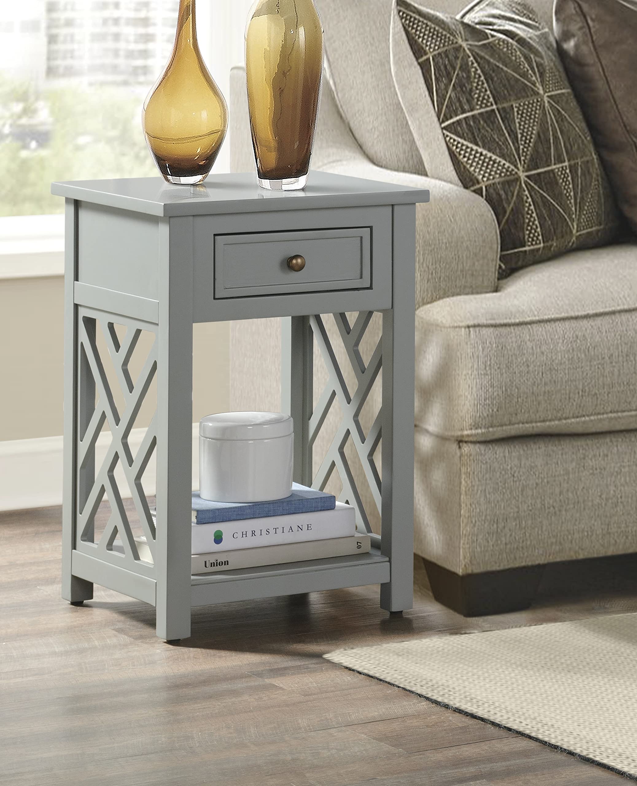 Alaterre Furniture Coventry Wood End Table with Drawer and Shelf, Gray