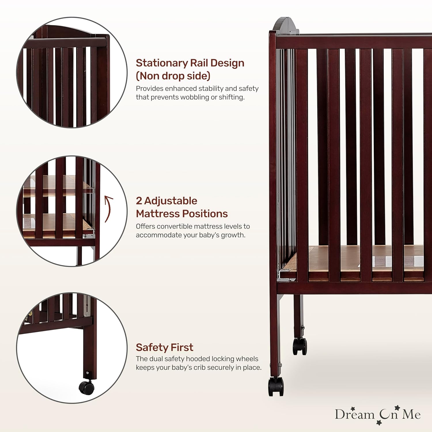 Dream On Me Full-Size 2-in-1 Folding Baby Crib in Espresso, GreenGuard Gold & JPMA, Portable, Patented Quick Folding System, Strong Wheels, 2 Adjustable Mattress Heights - Image 4
