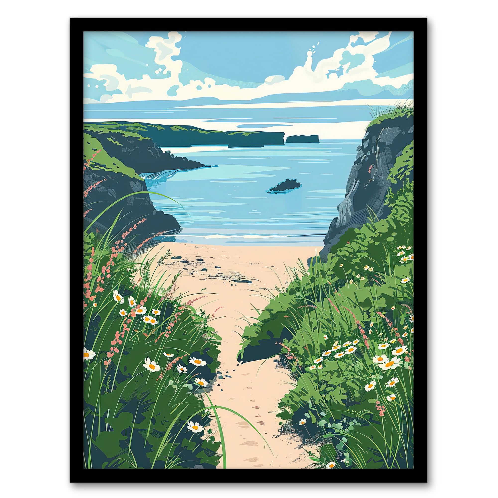 Artery8 Barafundle Bay Seaside Spring Flowers Wales Beach Living Room Artwork Framed Wall Art Print A4