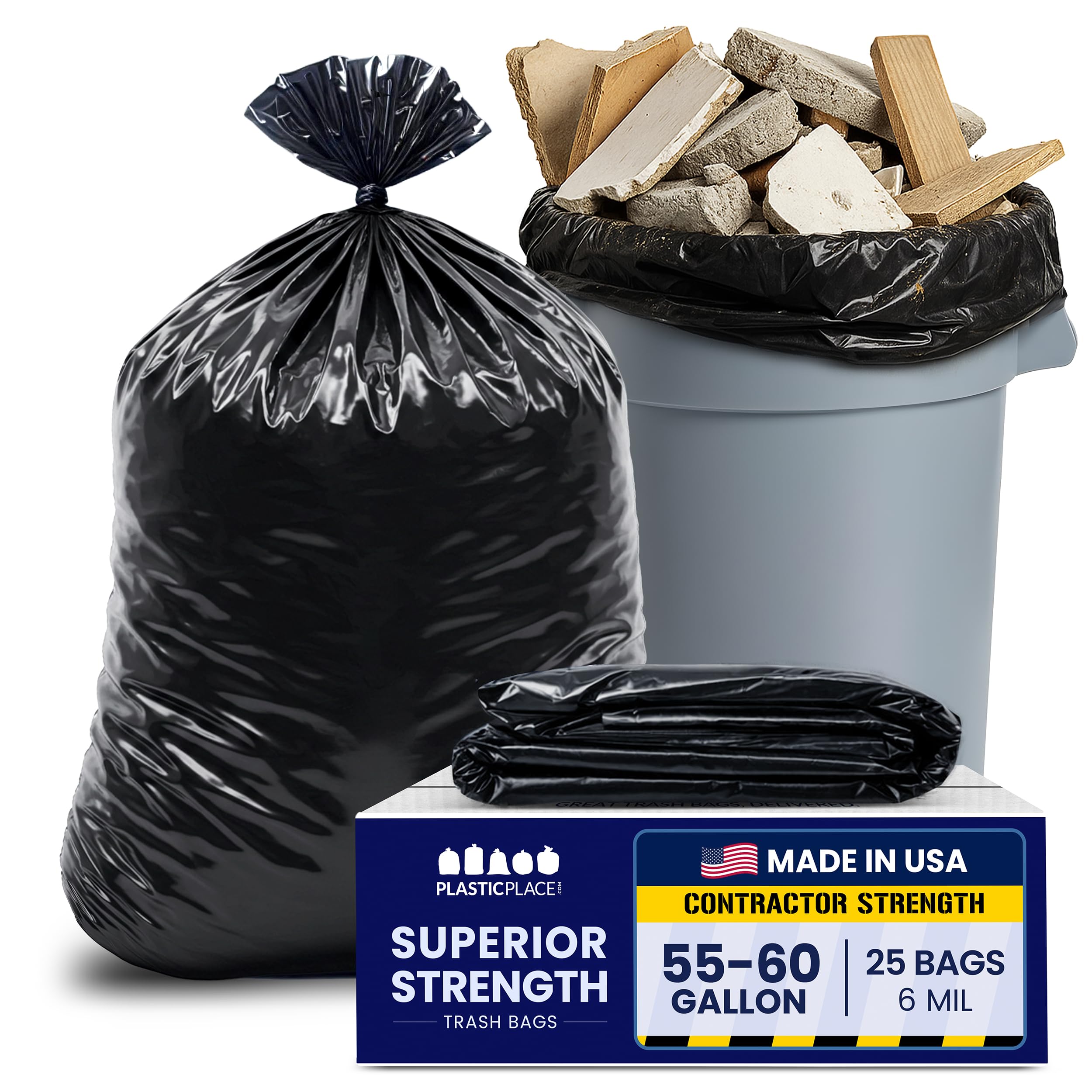 Plasticplace CON55X6 Müllbeutel für Bauunternehmer, 1,4-25 Liter, 6,0 Mil, Schwarz, strapazierfähig, 91,4 x 147,3 cm, 25 Stück