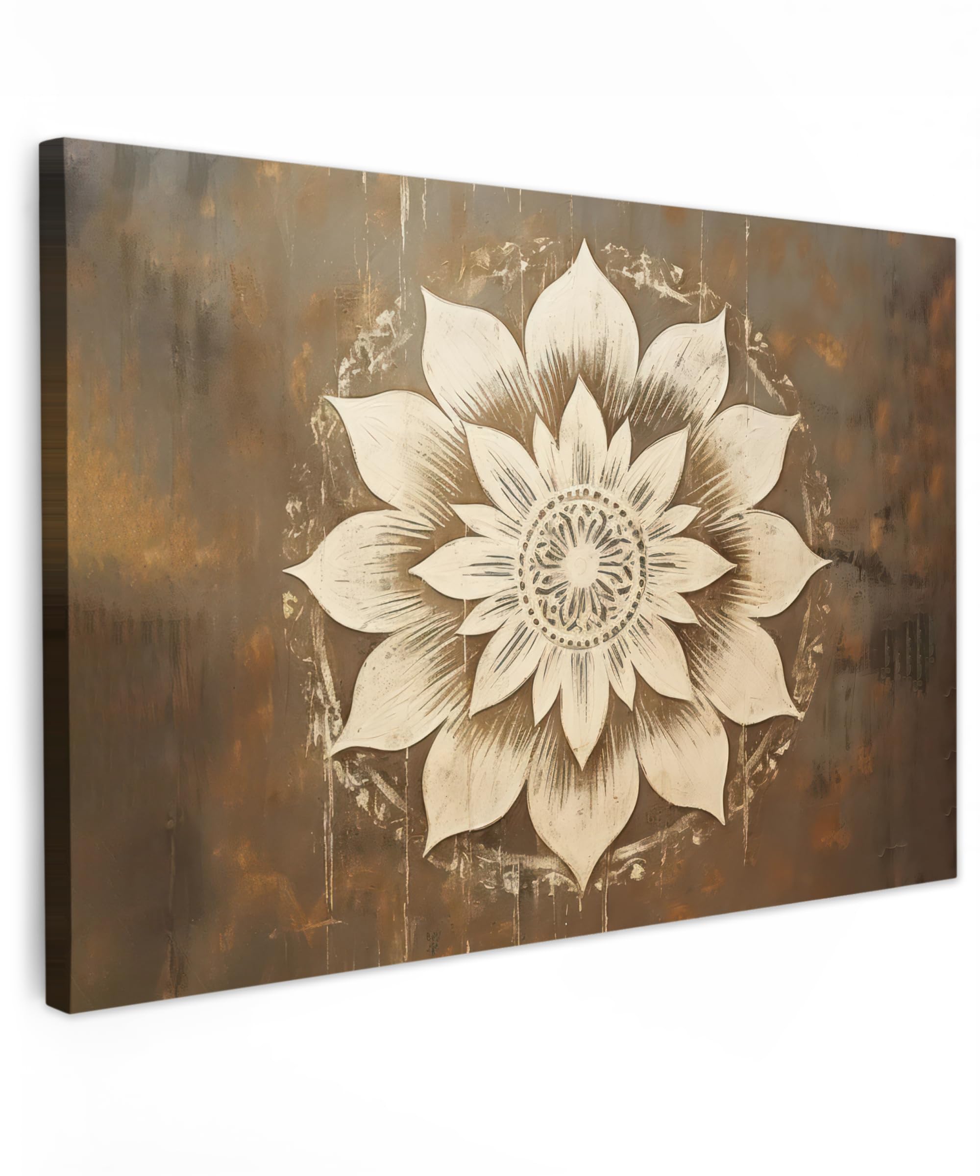 MuchoWow© Canvas Wall Art Work 35"x24" / 90x60 cm Room Decor Painting Wallfillers Picture Decoration Prints Mandala - Flowers - Vintage - White
