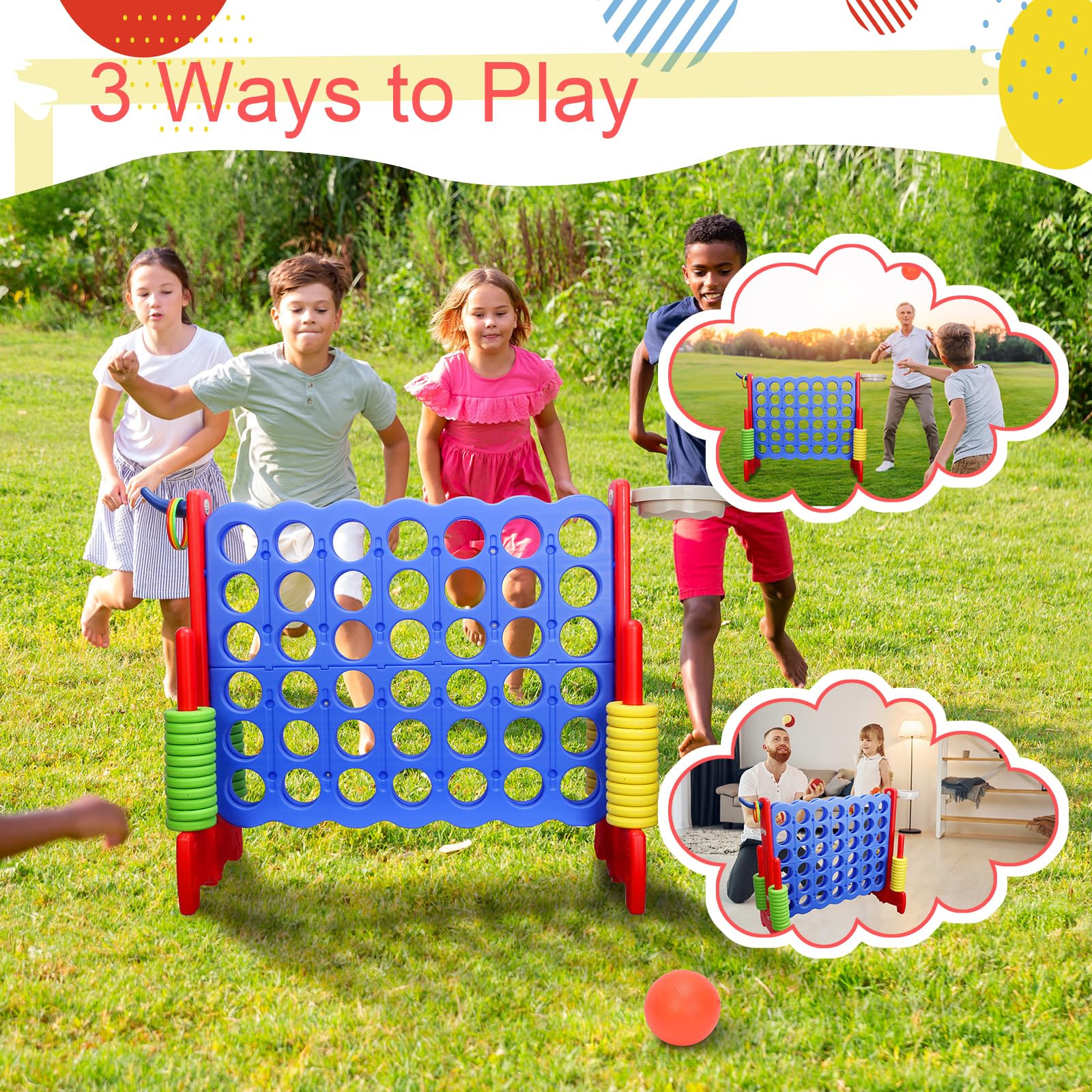 Riesiges Vier gewinnt Spiel mit Tragetasche für Familien Partyspiele | 3-in-1-Jumbo-Spiel 4-to-Score für drinnen/draußen mit Schnellverschluss-Schieber Lawn Connect Spiel für Kinder & Erwachsene