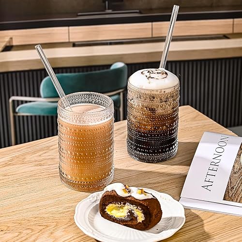 Miniatura 5 de Juego de 6 vasos de vidrio vintage para beber, vasos de vidrio de 15 onzas, vasos de agua transparente en relieve, vasos de hobuña, tazas de vidrio