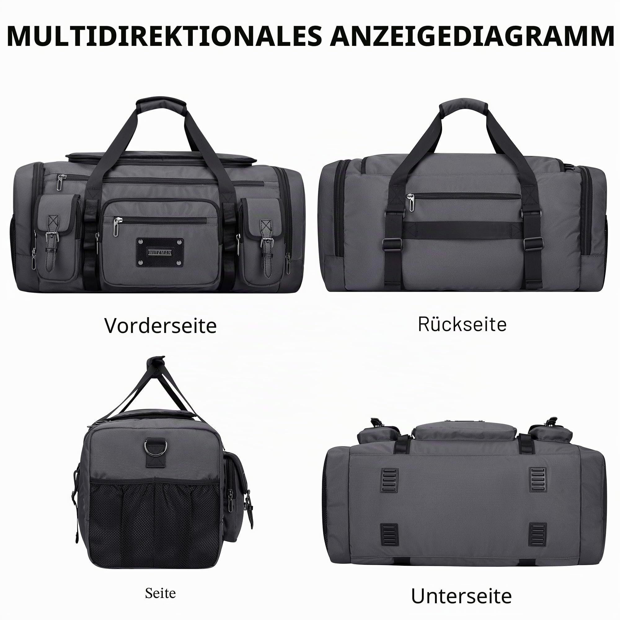 WITZMAN Reisetasche Herren Weekender Duffle Bag Groß 54L Sporttasche mit Schuhfach und Nassfach für Gym(B717 Silbergrau)