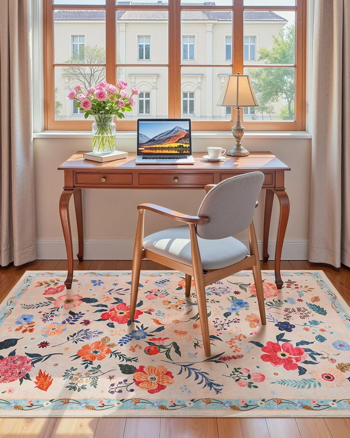 Macgace 3x5 Floral Rug for Girls Bedroom, Machine Washable Area Rugs with Non Slip Backingfor Living Room, Cute Flowers Carpet Kitchen Dining Room Kids Playroom Decor, Peach White