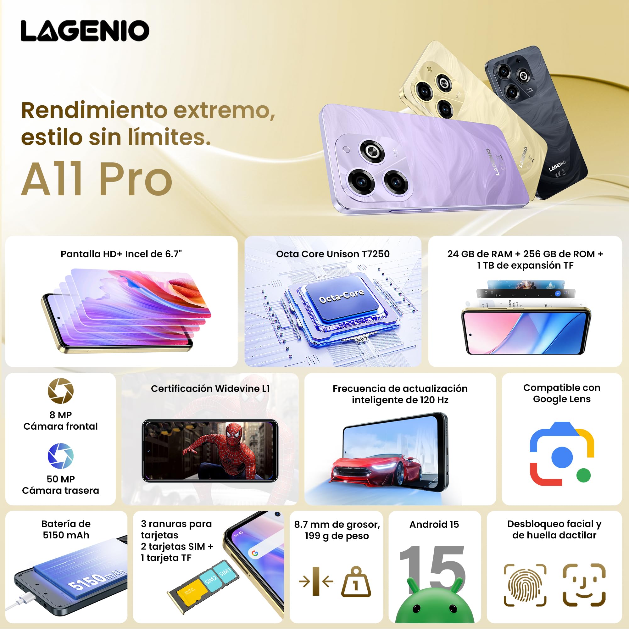 A11 Pro Teléfonos Móviles Android 15, 24GB+256GB/1TB Smartphone, 6.7" HD+ 120Hz Teléfonos Inteligentes, Cámara 50MP+8MP, Batería 5150mAh, 4G Dual SIM, Face ID/Fingerprint/GPS/OTG