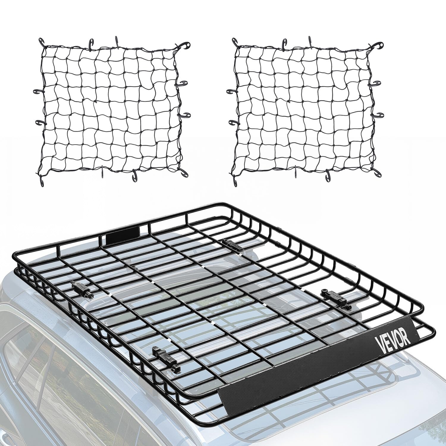 VEVOR Portapacchi Universale da Tetto, 1630 x 1270 x 105 mm con Recinzione e Due Reti da Carico da 900 x 1000 mm, Capacità Massima 68,​0 kg, Acciaio Legato Antiruggine per SUV, Camion, Auto